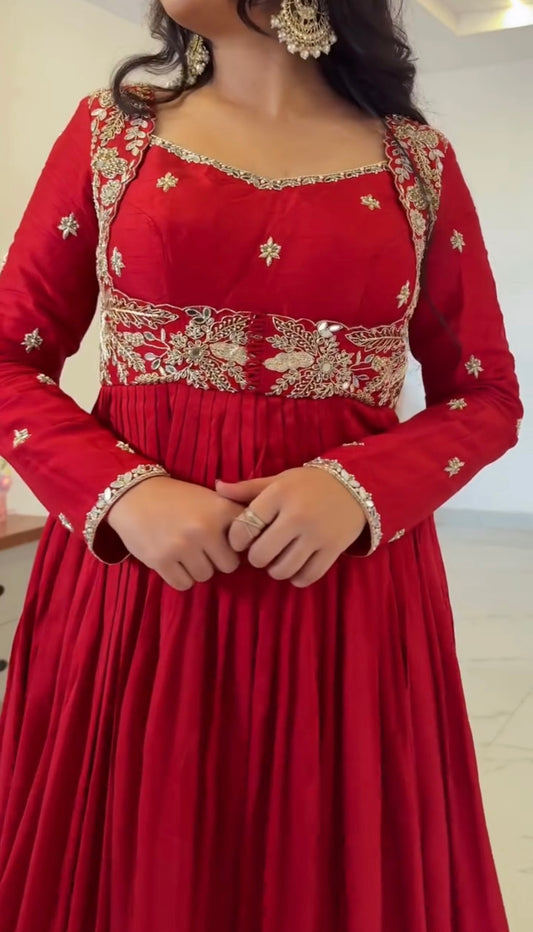 Red Chinon Silk Anarkali Pant Set with Mirror & Sequin Work