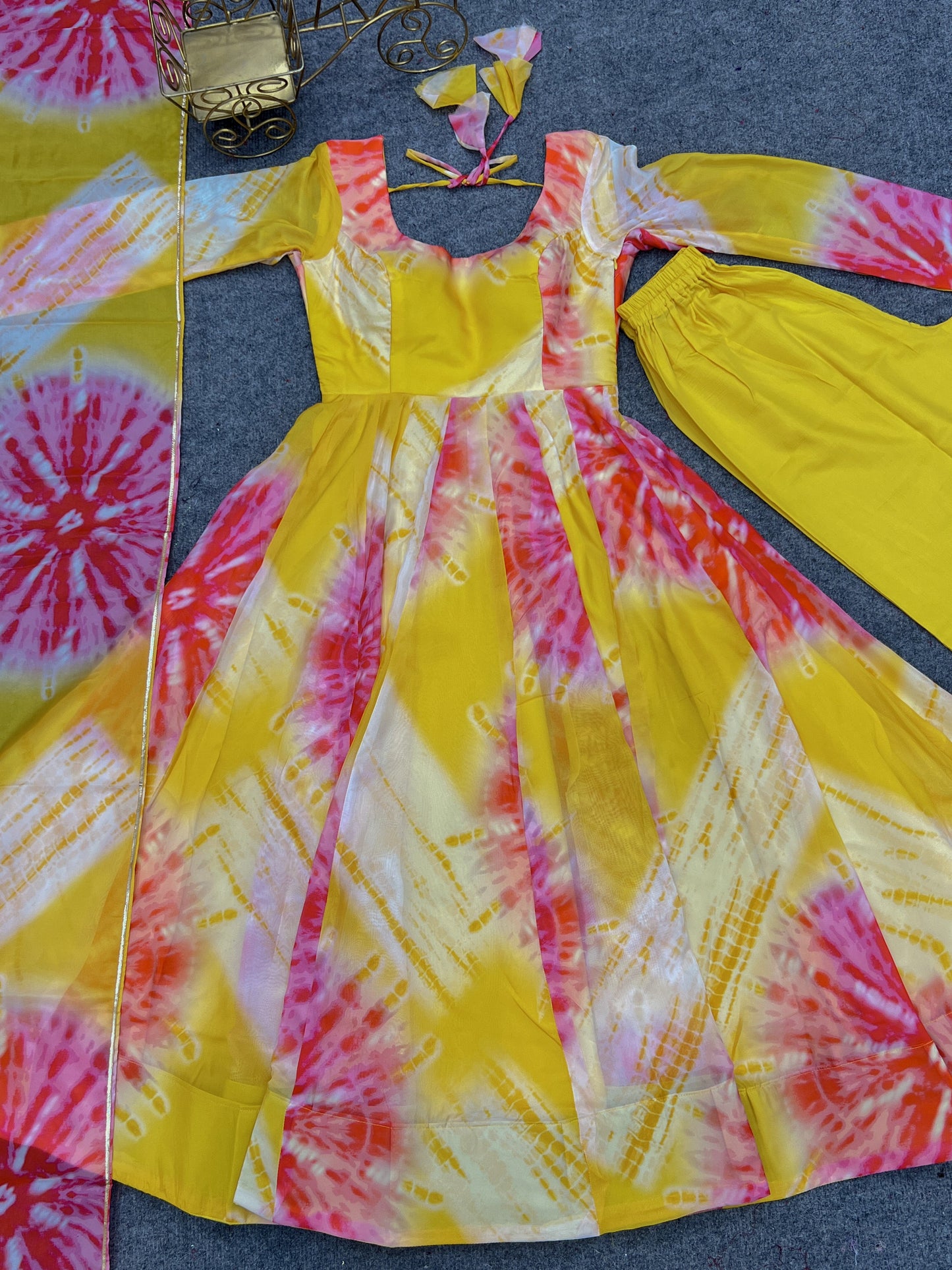 Luminous Yellow Floral Printed Fully Stitched Anarkali Pant Suit - Ethnicwish