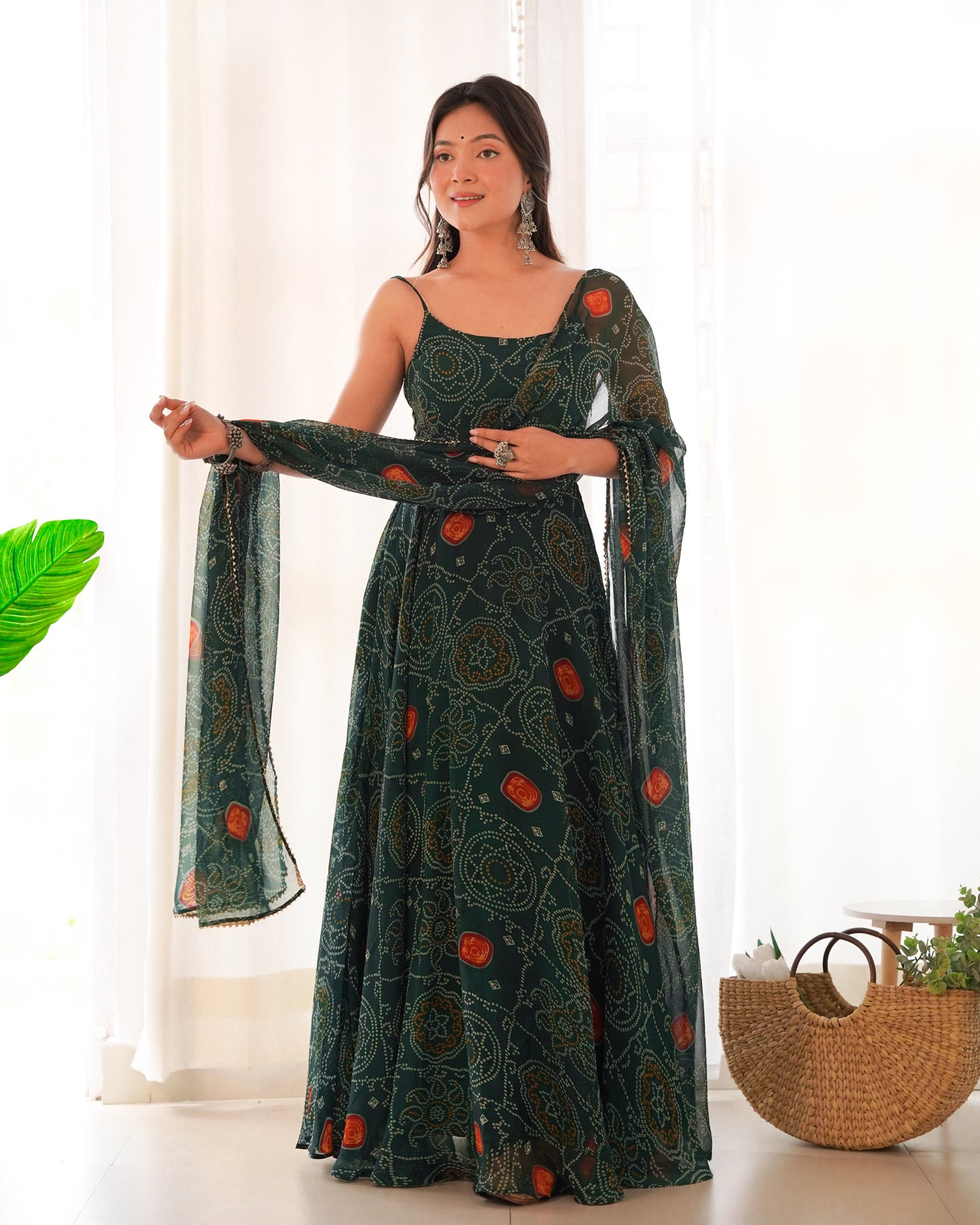 Spectacular Pink Chiffon Bandhej Printed Stitched Anarkali Pant Suit - Ethnicwish