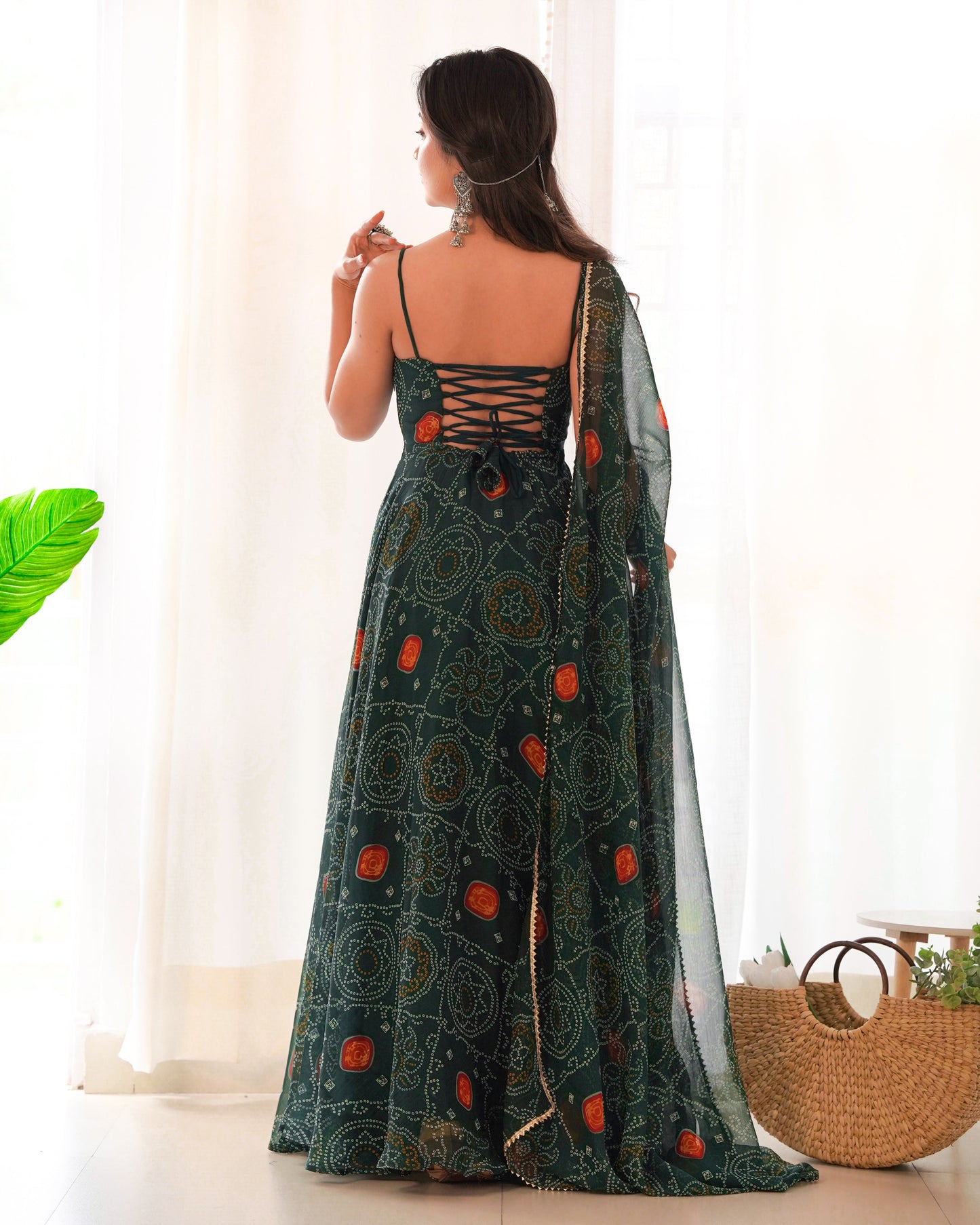 Spectacular Pink Chiffon Bandhej Printed Stitched Anarkali Pant Suit - Ethnicwish