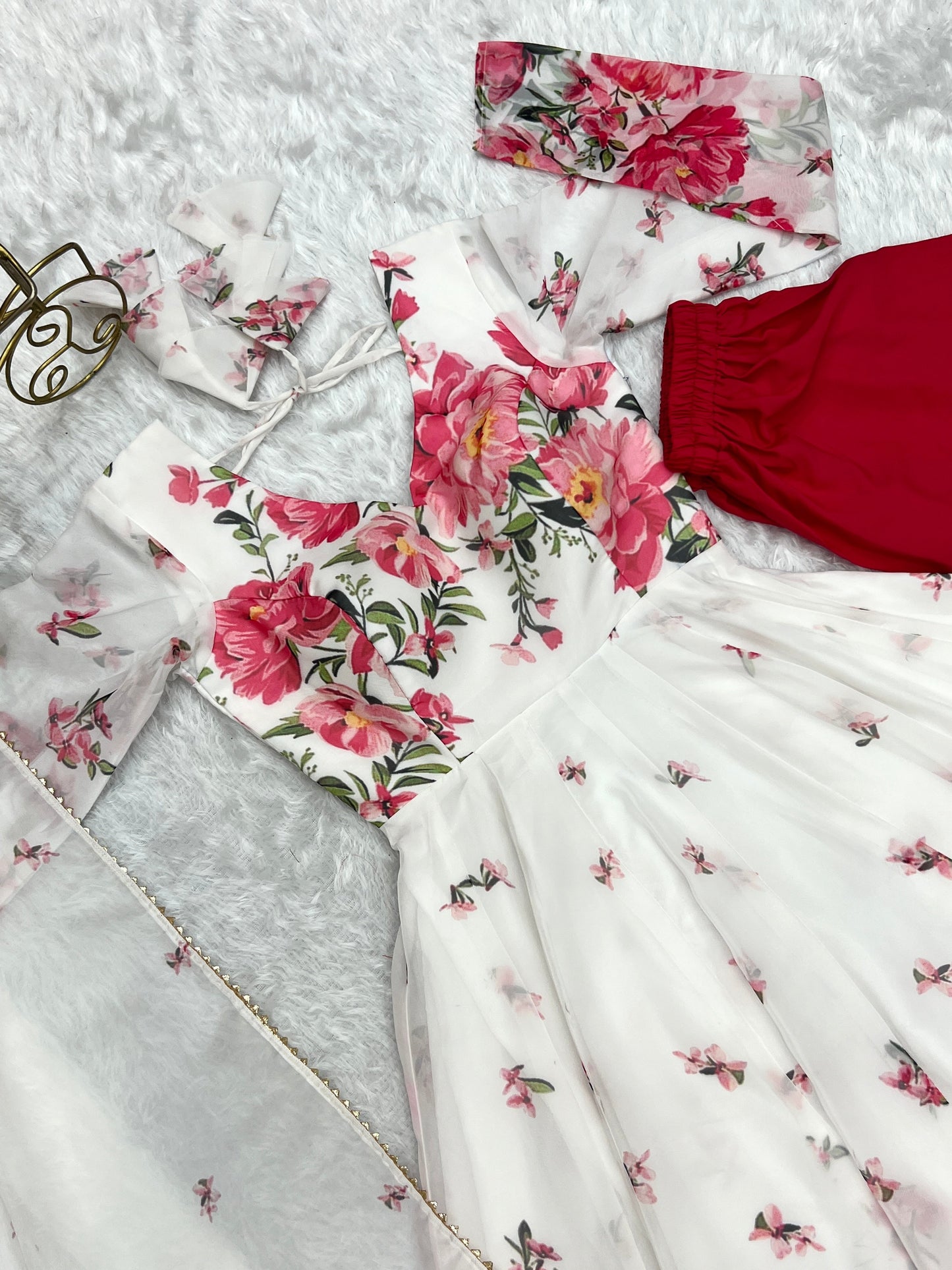 Polished White Organza Silk Floral Printed Anarkali Pant Suit - Ethnicwish