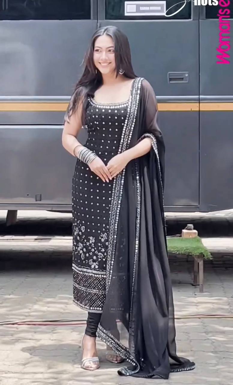 Black Charming Georgette Thread With Sequence & Real Mirror Work Dress