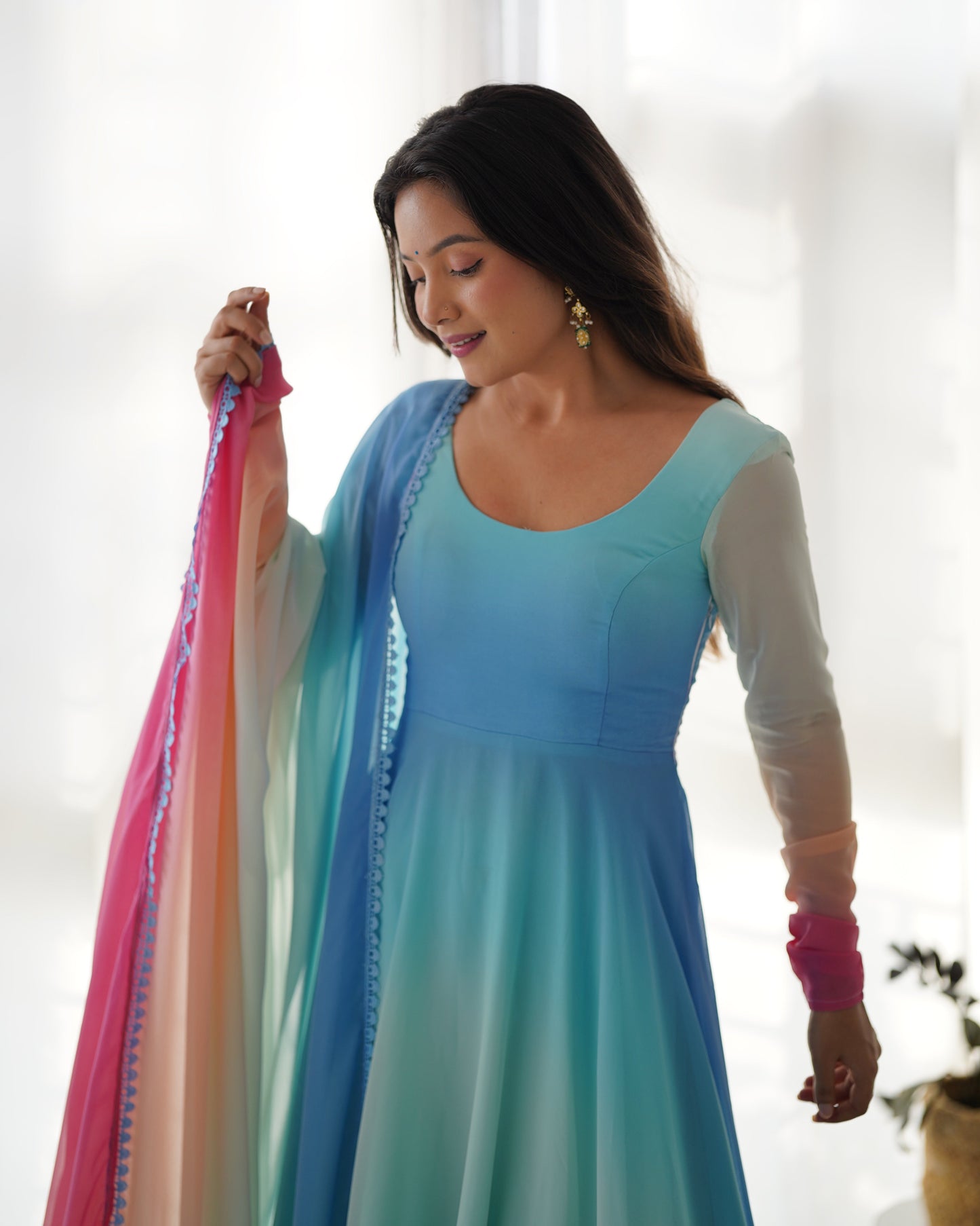 Enchanting Shaded Faux Georgette Fully Stitched Anarkali Pant Suit - Ethnicwish