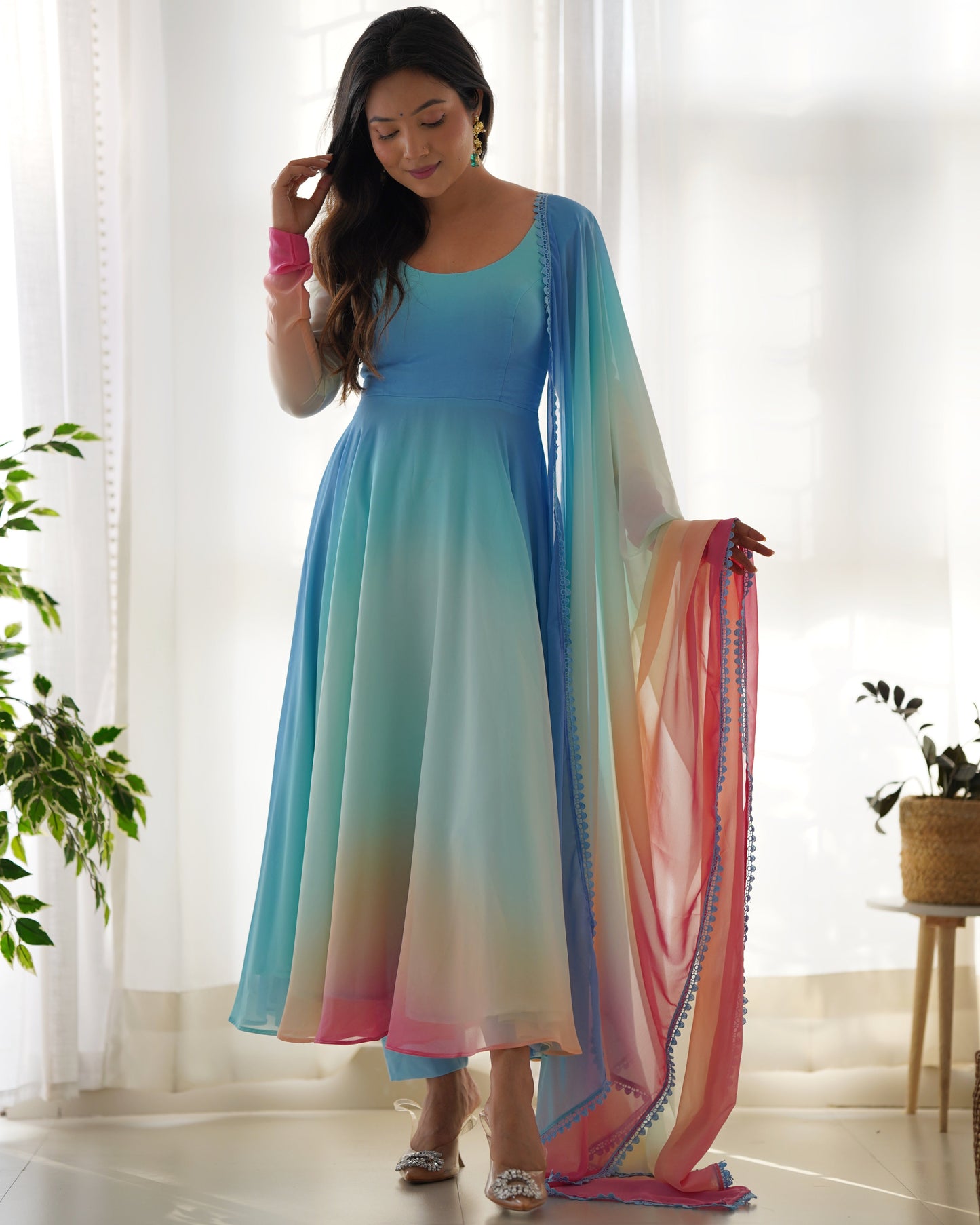 Enchanting Shaded Faux Georgette Fully Stitched Anarkali Pant Suit - Ethnicwish