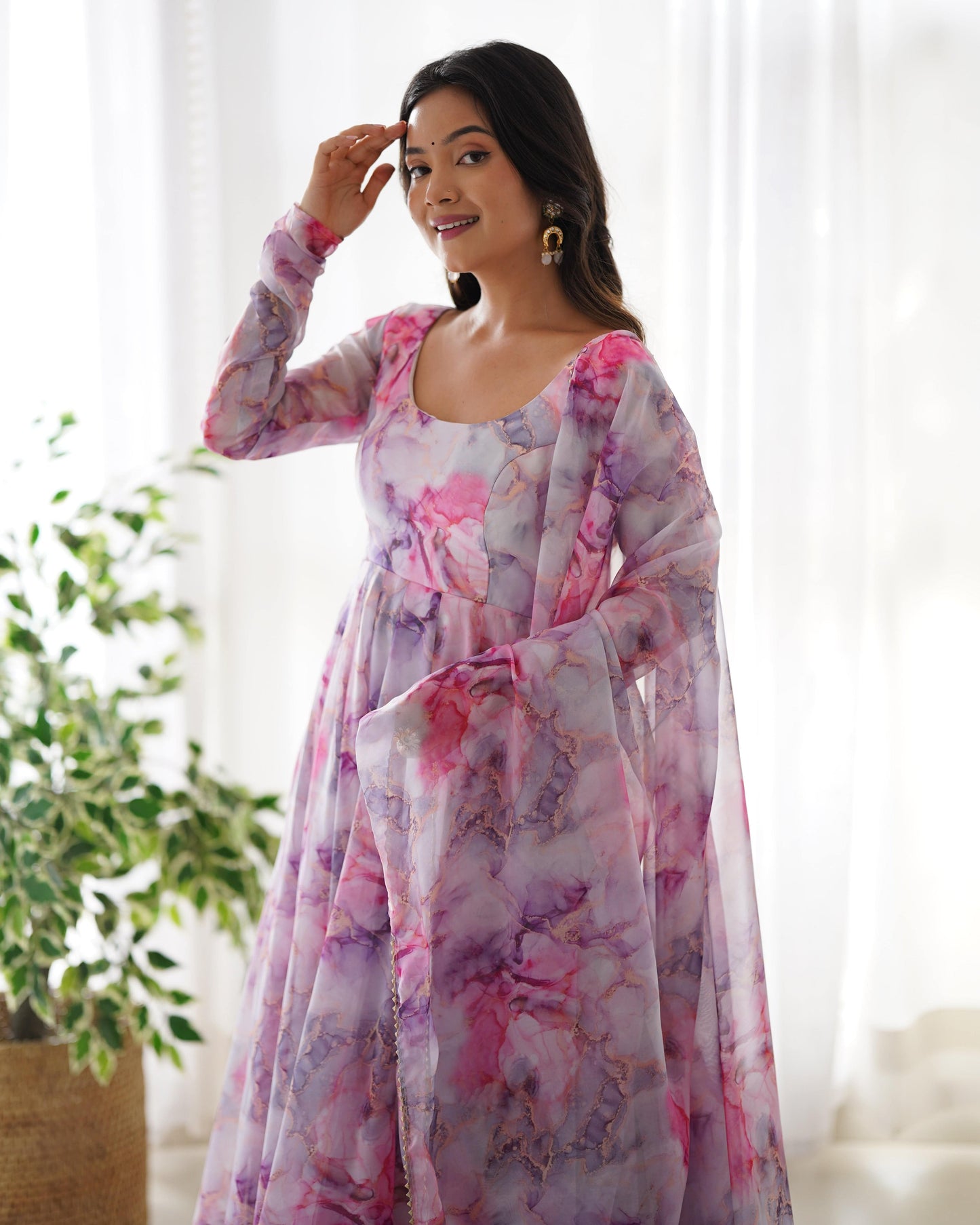 Graceful Organza Silk Floral Digital Printed Anarkali Pant Suit - Ethnicwish