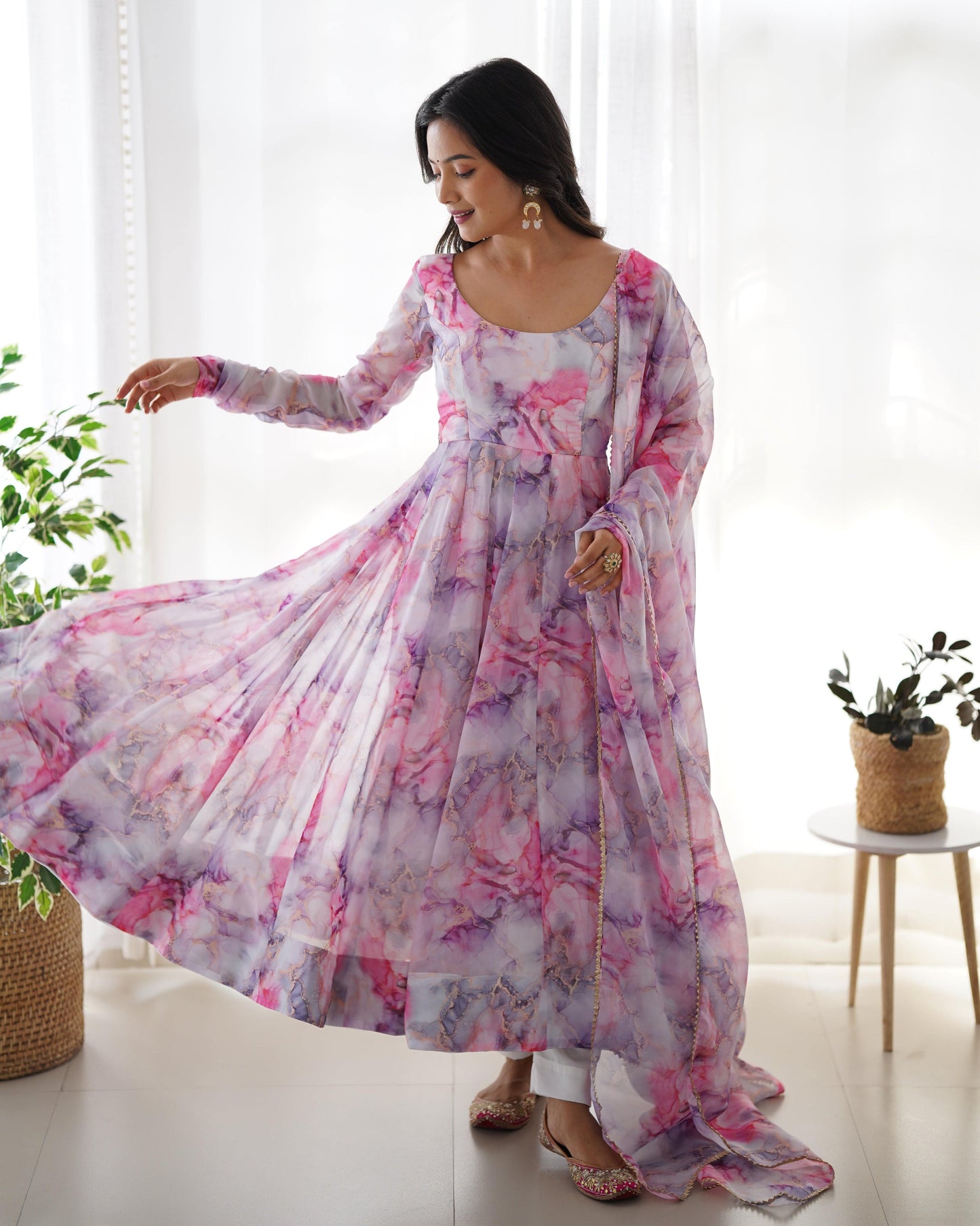 Graceful Organza Silk Floral Digital Printed Anarkali Pant Suit - Ethnicwish