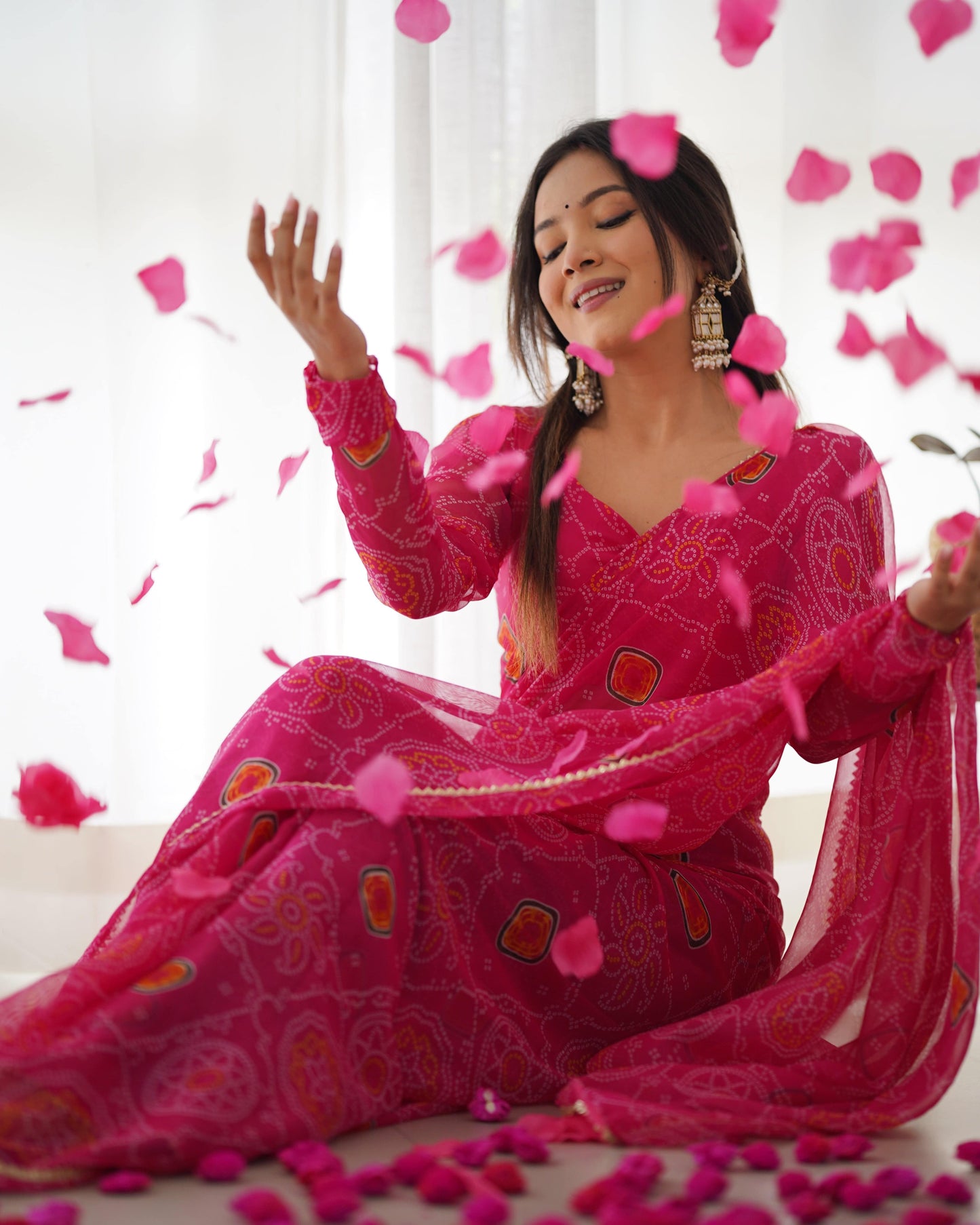 Pink Pure Soft Chiffon Bandhej Printed Ready To Wear Saree - Ethnicwish