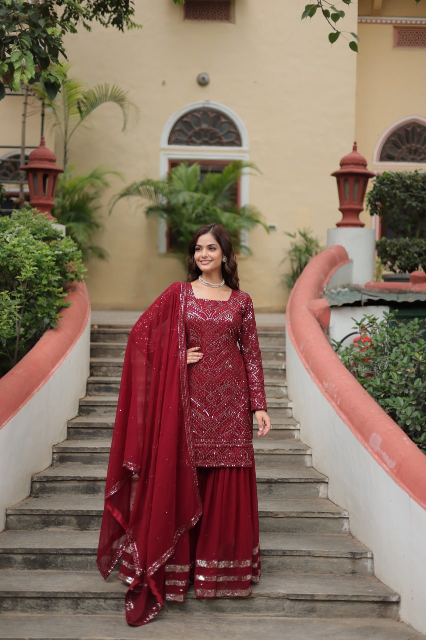 Mesmerizing Faux Georgette Sequins Thread Worked Top Sharara Suit - Ethnicwish