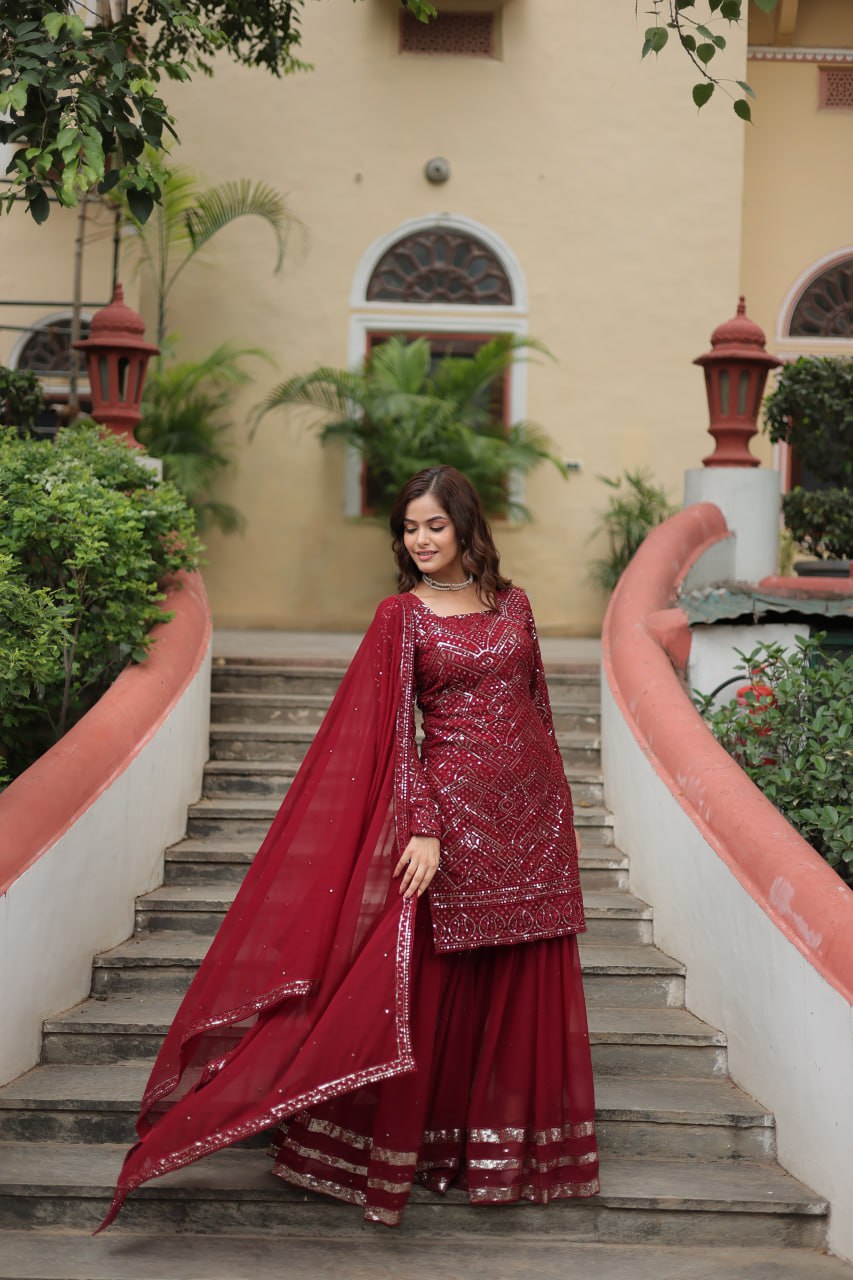 Mesmerizing Faux Georgette Sequins Thread Worked Top Sharara Suit - Ethnicwish