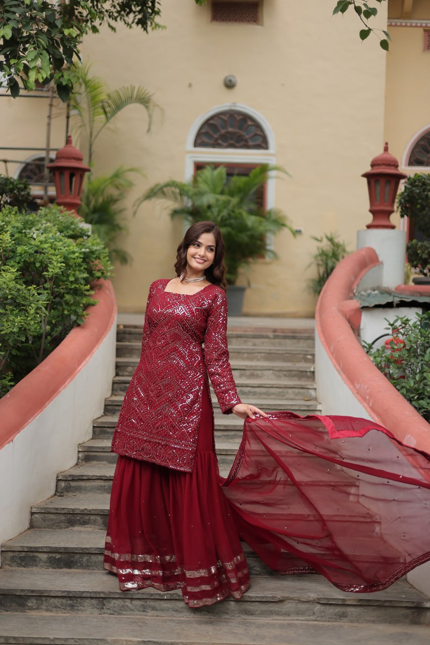 Mesmerizing Faux Georgette Sequins Thread Worked Top Sharara Suit - Ethnicwish