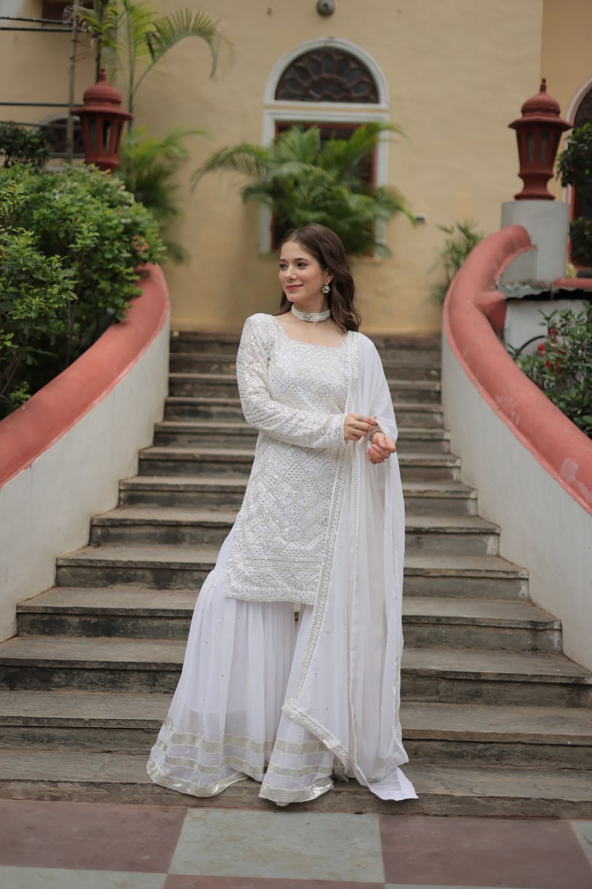 Mesmerizing Faux Georgette Sequins Thread Worked Top Sharara Suit - Ethnicwish