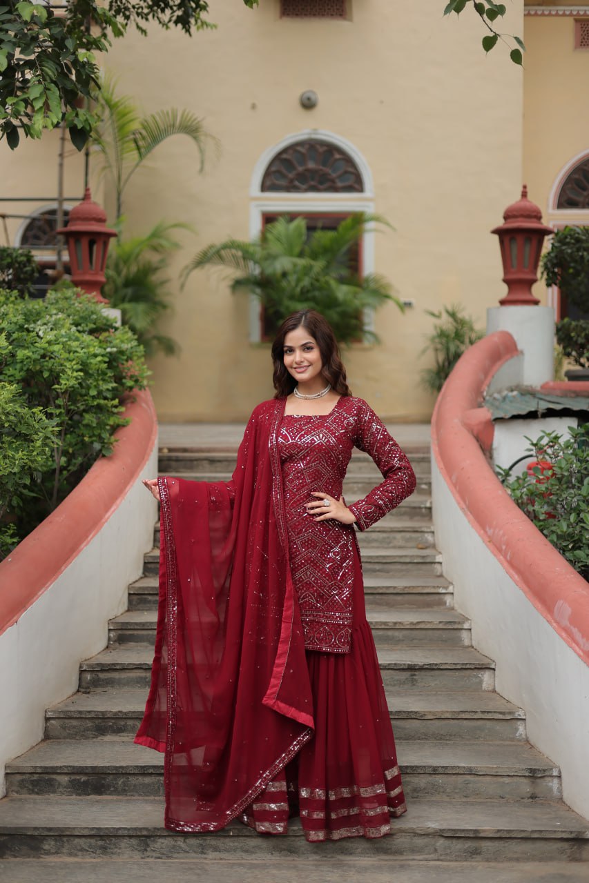 Mesmerizing Faux Georgette Sequins Thread Worked Top Sharara Suit - Ethnicwish