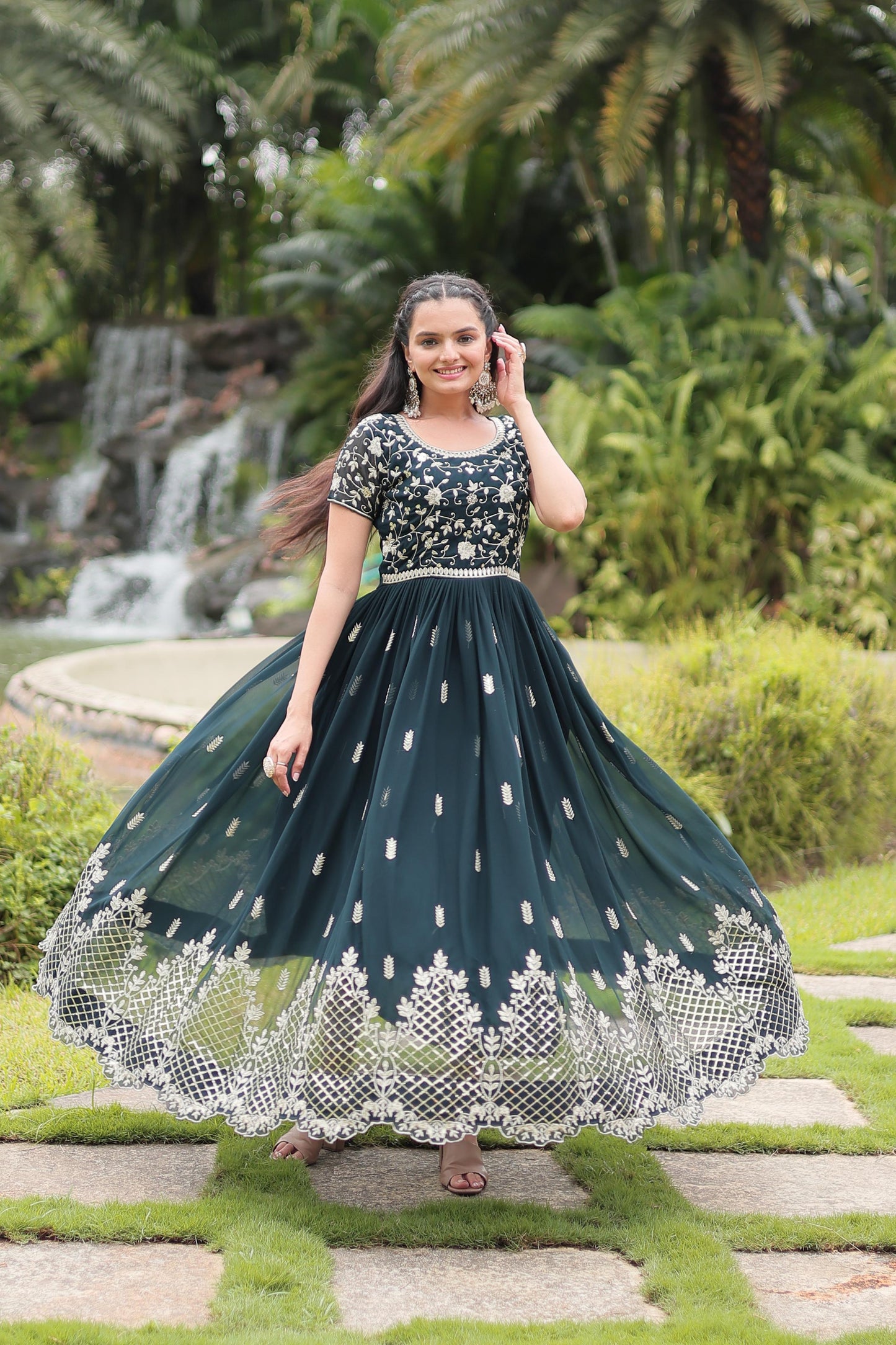 Graceful Faux Georgette Sequins Zari Worked Gown With Dupatta - Ethnicwish