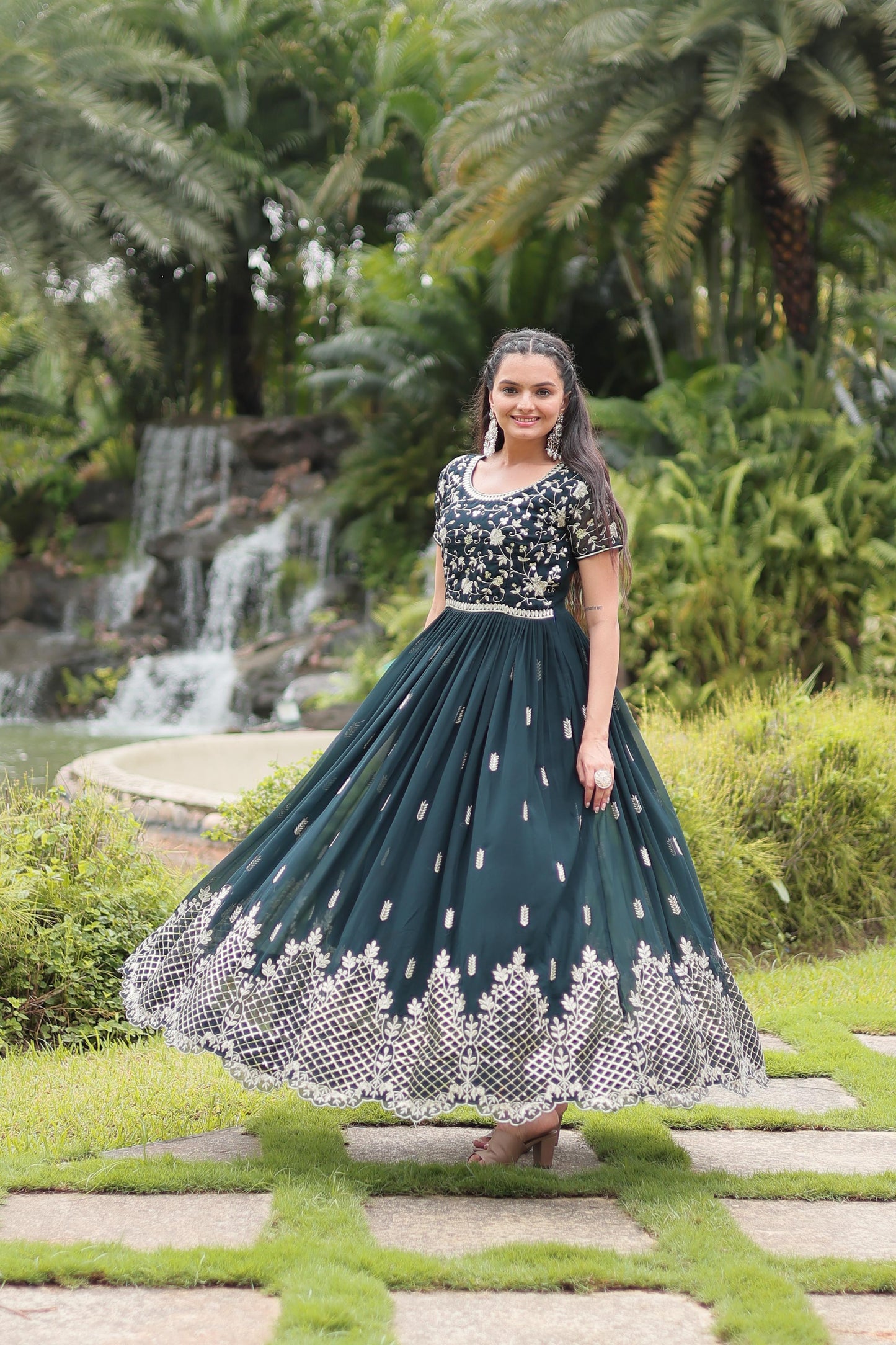 Graceful Faux Georgette Sequins Zari Worked Gown With Dupatta - Ethnicwish
