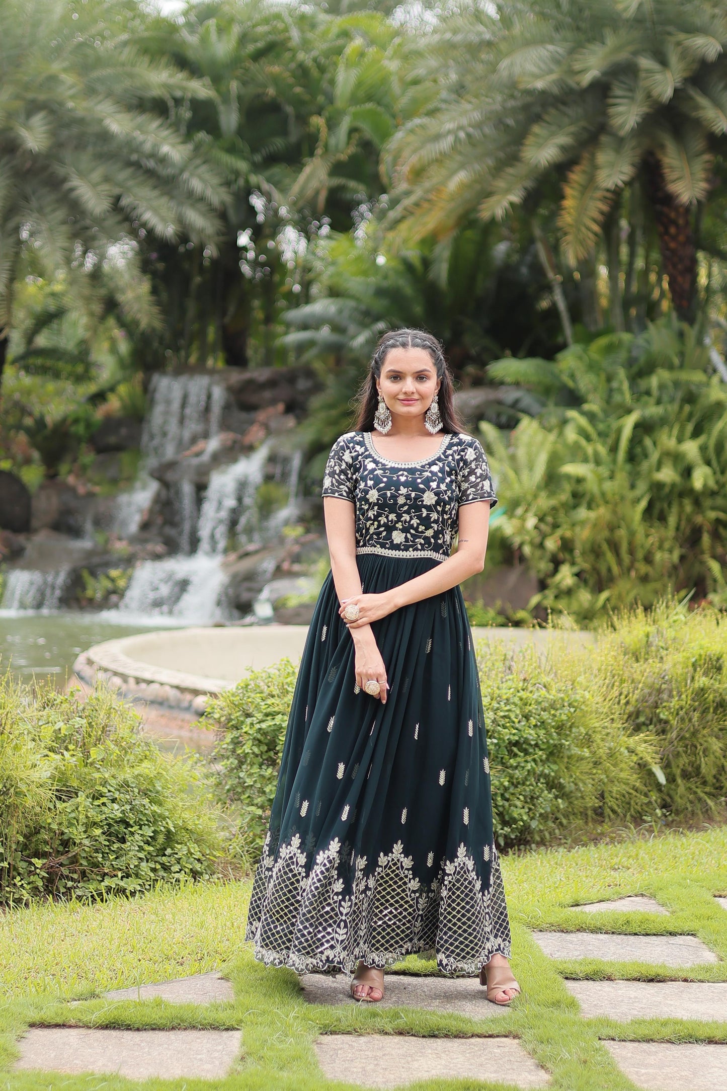 Graceful Faux Georgette Sequins Zari Worked Gown With Dupatta - Ethnicwish