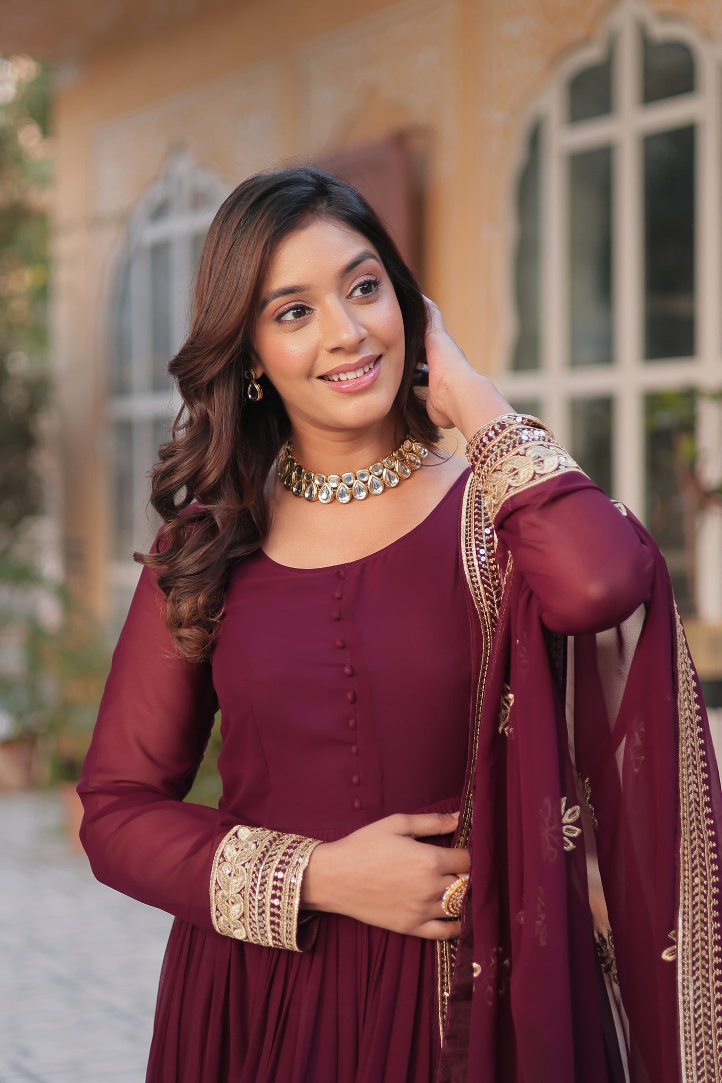 Exquisite Faux Georgette Intricate Zari Sequins Worked Gown With Dupatta - Ethnicwish