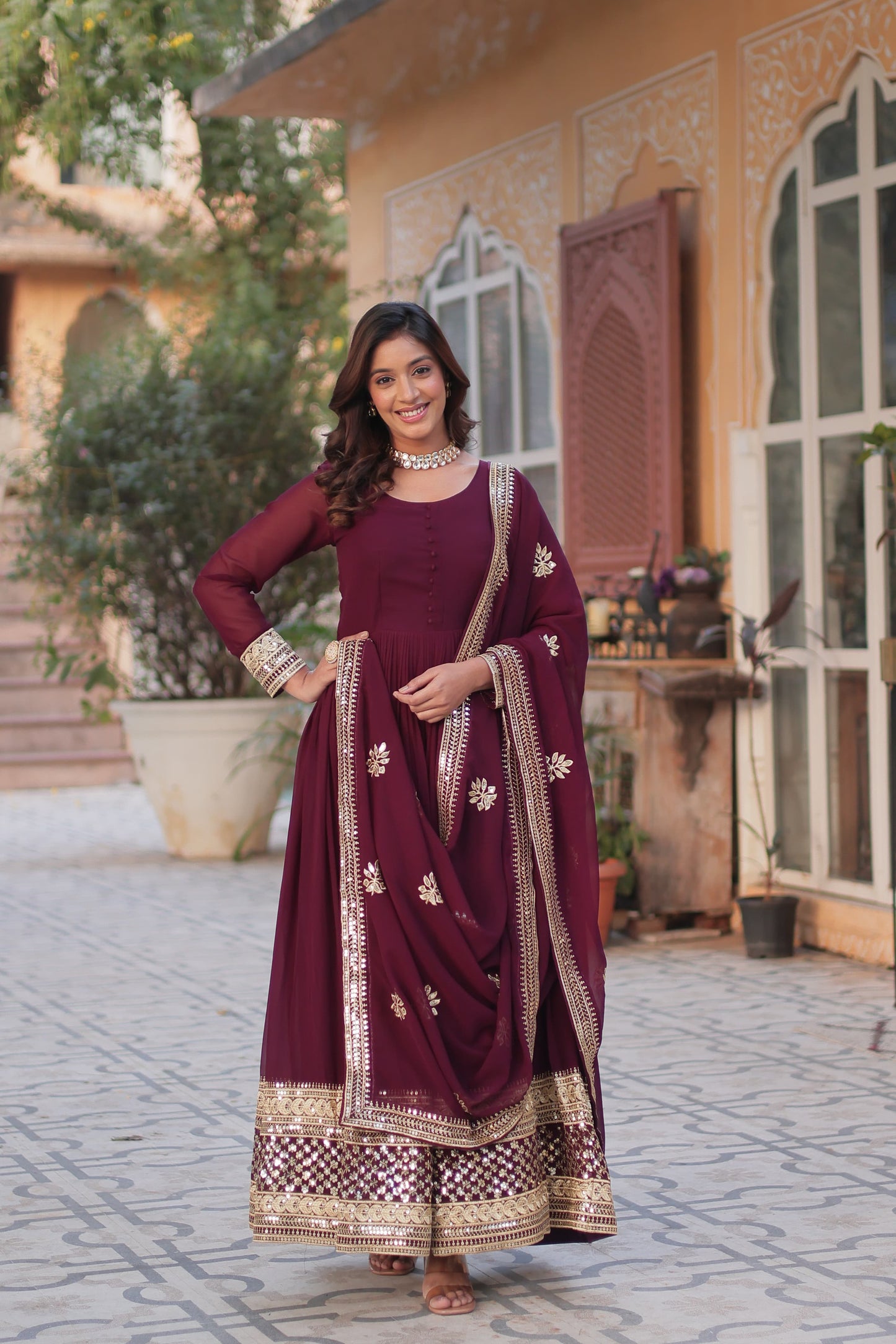Exquisite Faux Georgette Intricate Zari Sequins Worked Gown With Dupatta - Ethnicwish