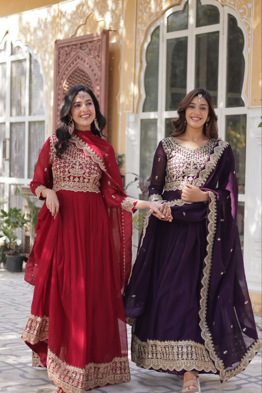 Alluring Intricate Zari Sequins Worked Faux Georgette Gown - Ethnicwish