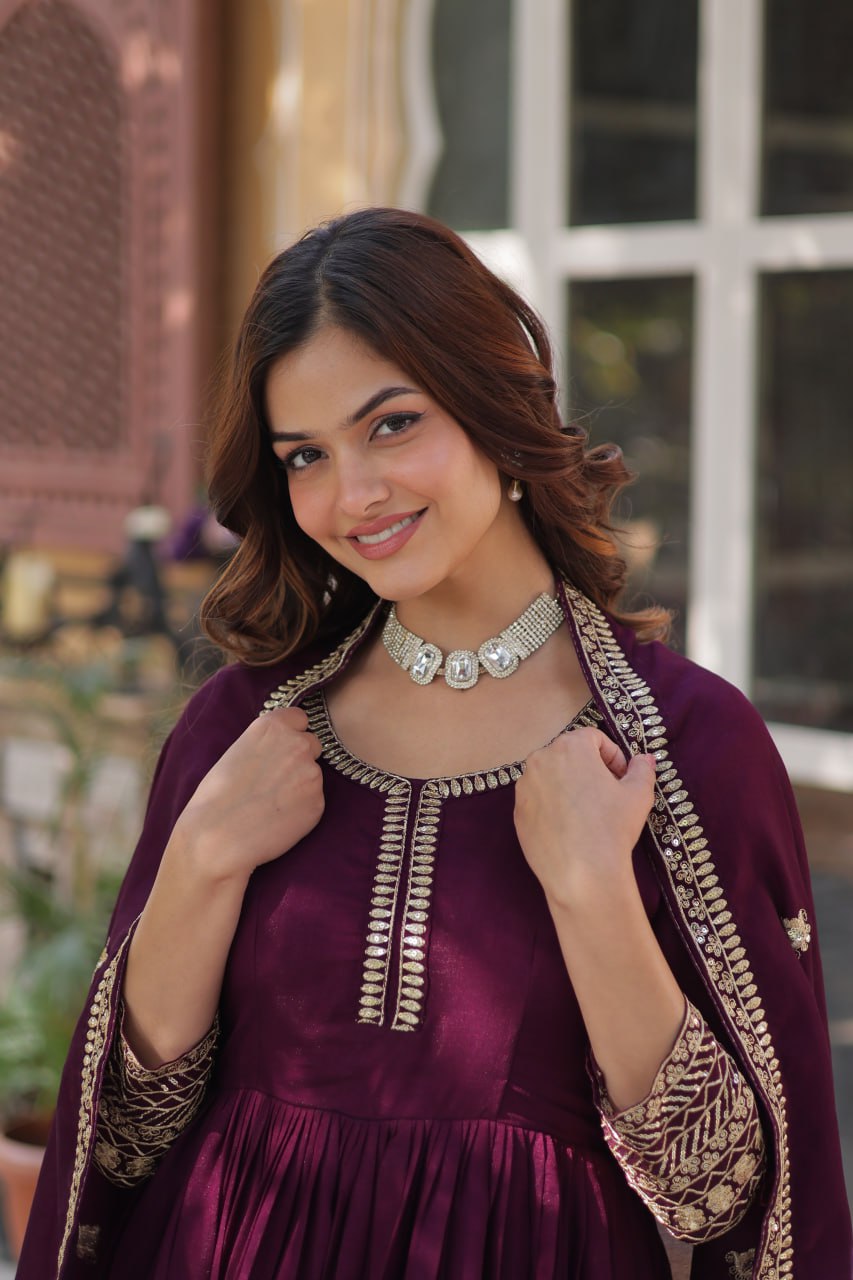 Elegant Shimmer Gown With Rich Sequin Embroidery With Designer Dupatta