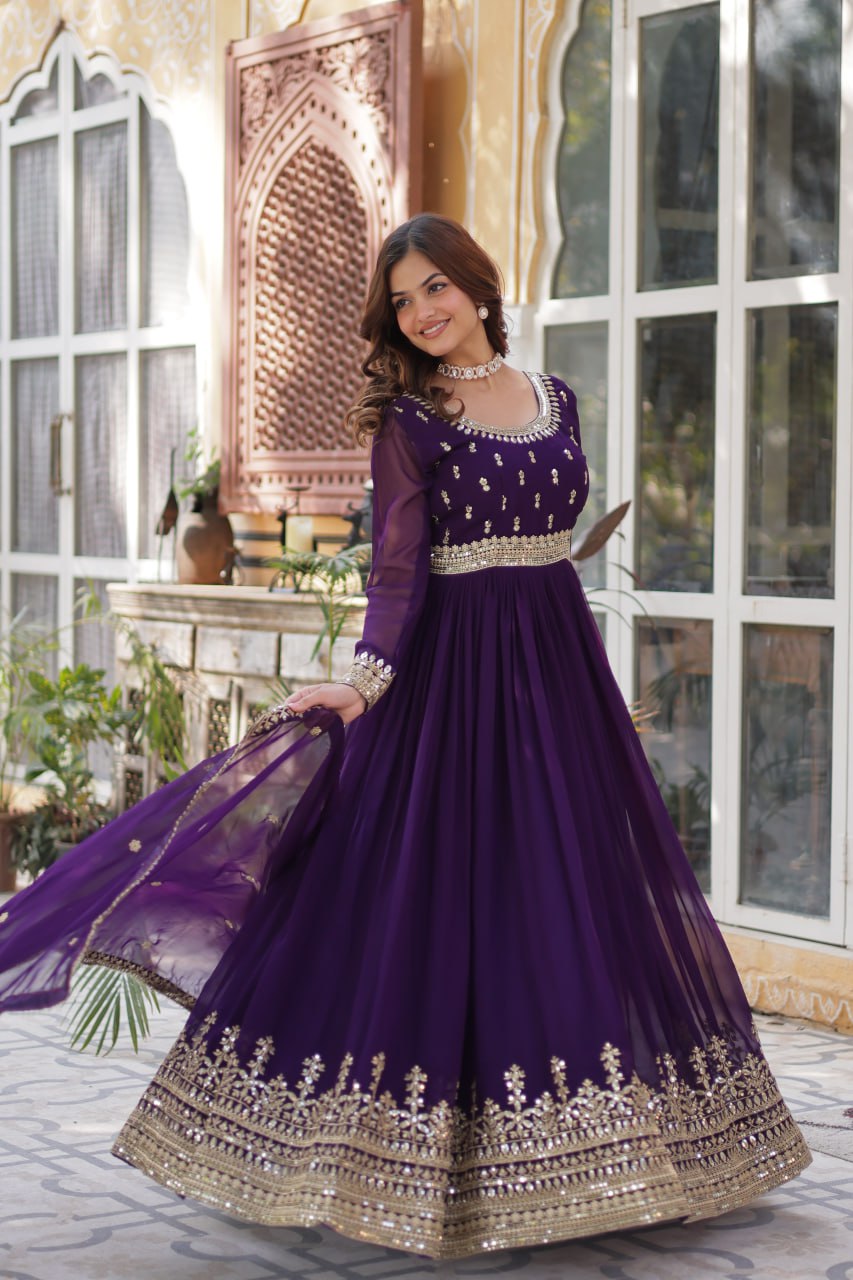 Spellbinding Faux Georgette Embroidered Sequins Worked Gown - Ethnicwish