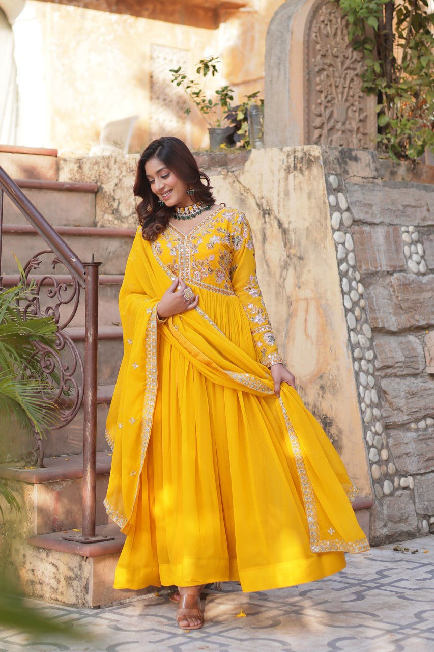 Magnificent Faux Georgette Zari Sequins Embroidered Gown With Dupatta - Ethnicwish