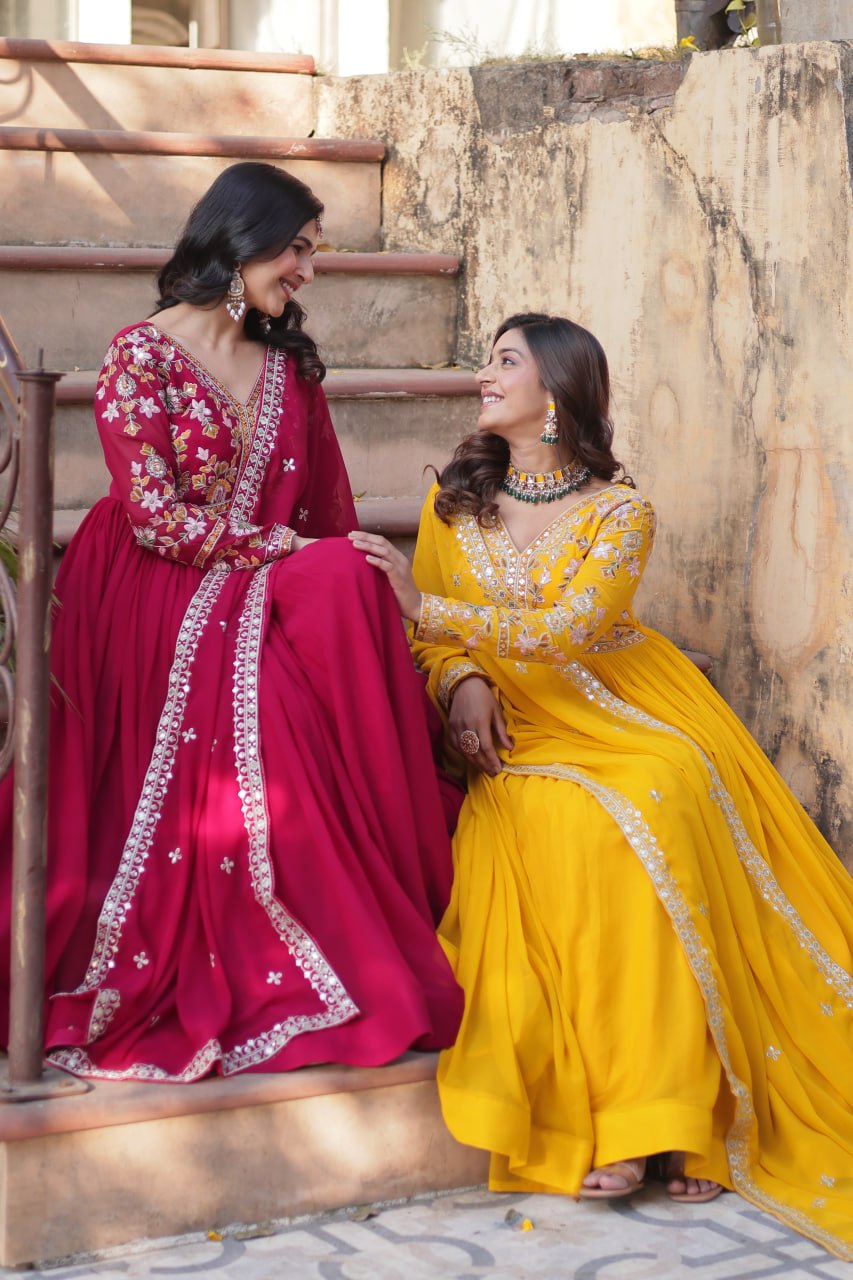 Magnificent Faux Georgette Zari Sequins Embroidered Gown With Dupatta - Ethnicwish