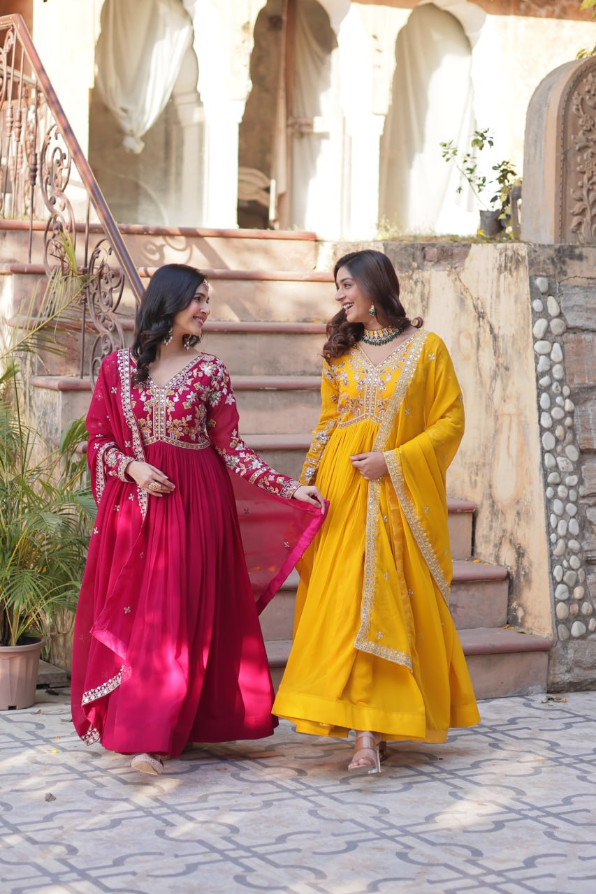 Magnificent Faux Georgette Zari Sequins Embroidered Gown With Dupatta - Ethnicwish