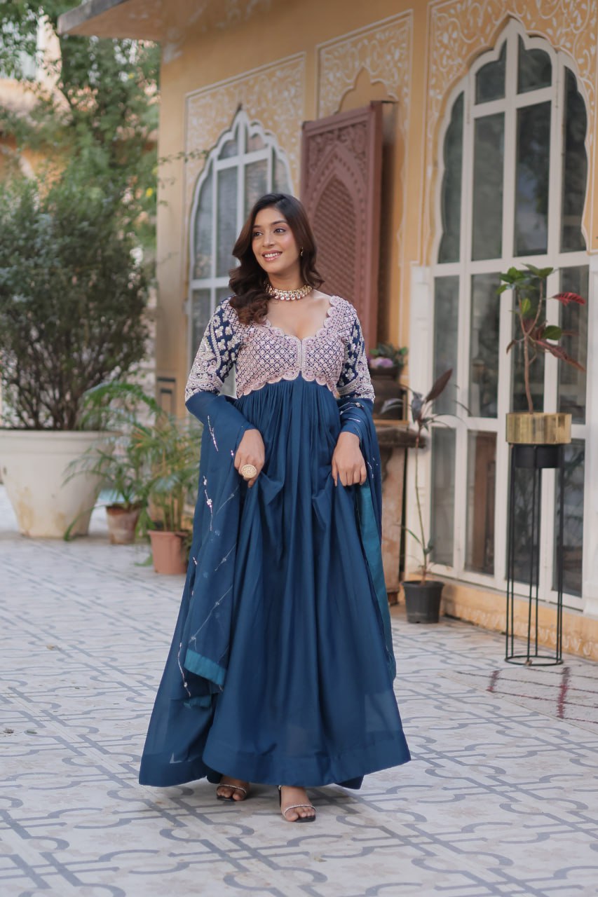 Ethereal Elegance – Embroidered Star Georgette Gown with Dupatta - Ethnicwish