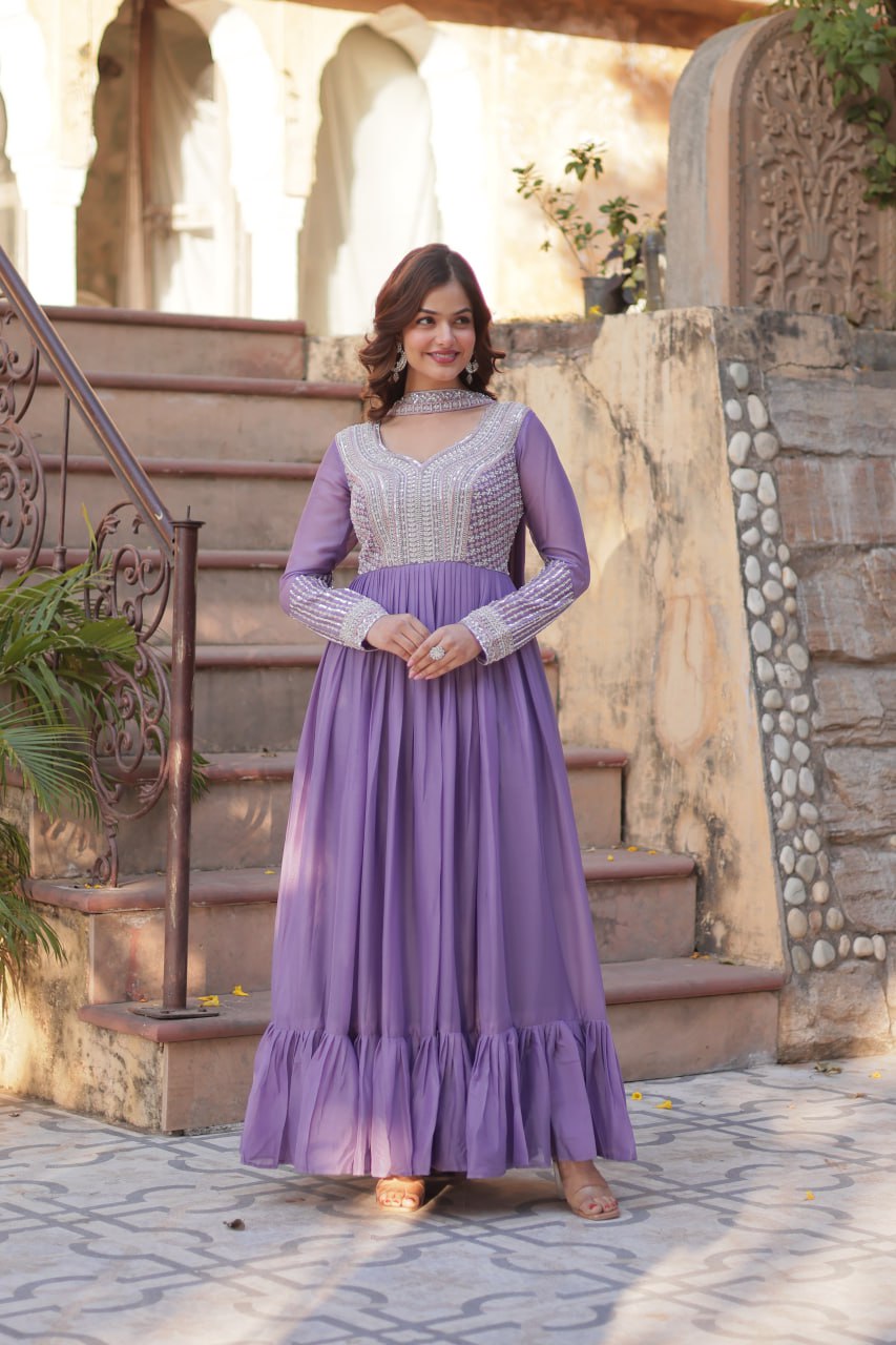 Exquisite Georgette Embroidered Beads Sequins Worked Gown With Dupatta - Ethnicwish