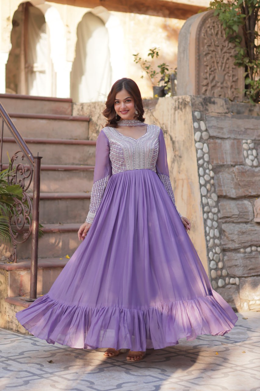 Exquisite Georgette Embroidered Beads Sequins Worked Gown With Dupatta - Ethnicwish
