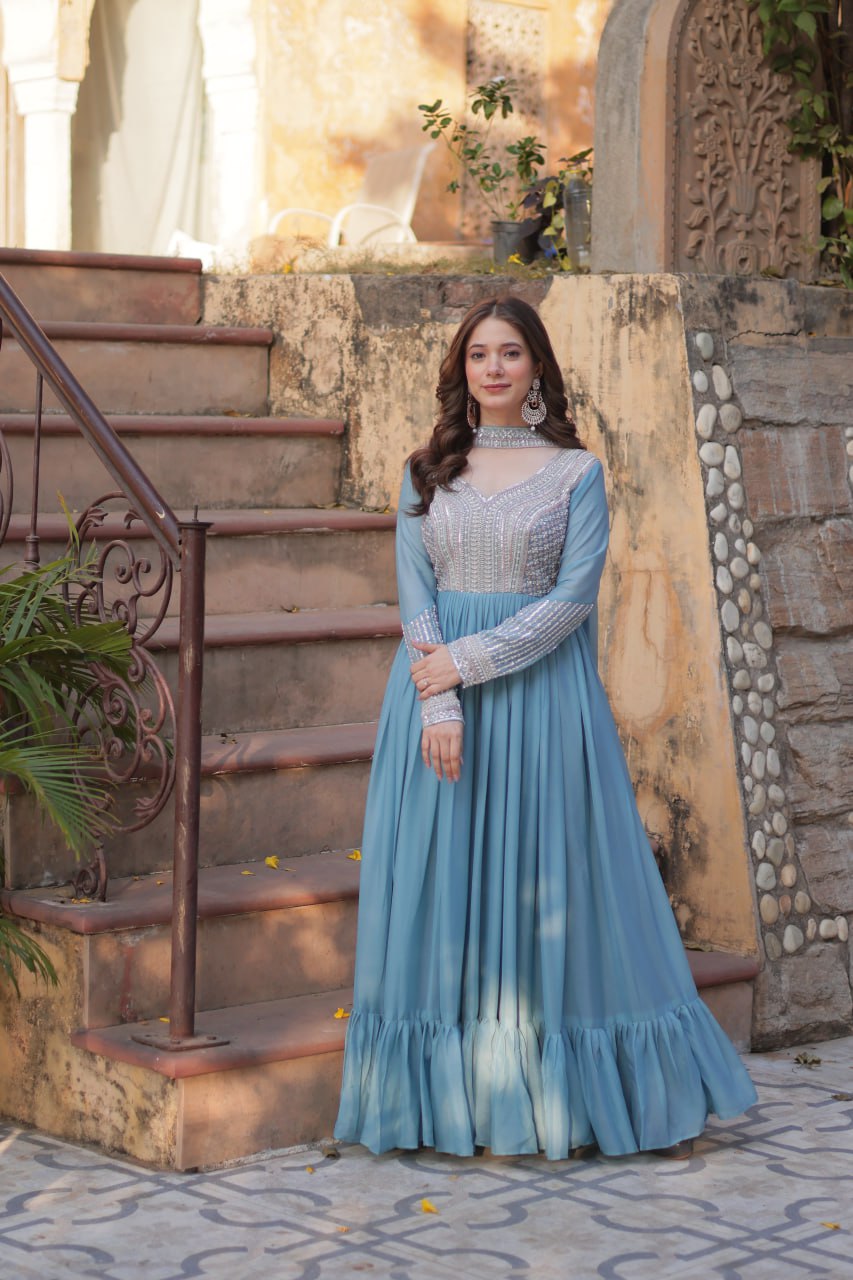 Exquisite Georgette Embroidered Beads Sequins Worked Gown With Dupatta - Ethnicwish
