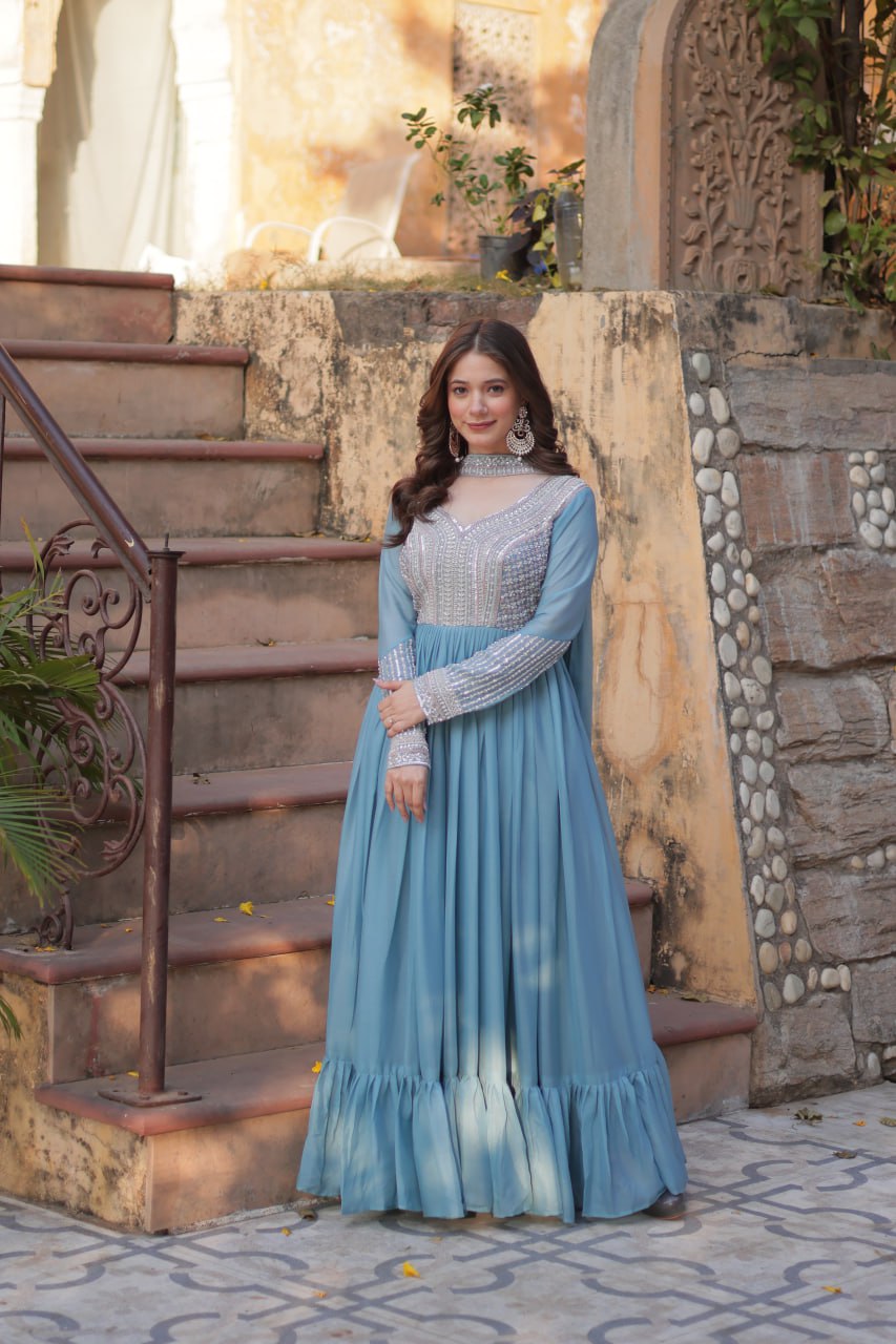 Exquisite Georgette Embroidered Beads Sequins Worked Gown With Dupatta - Ethnicwish
