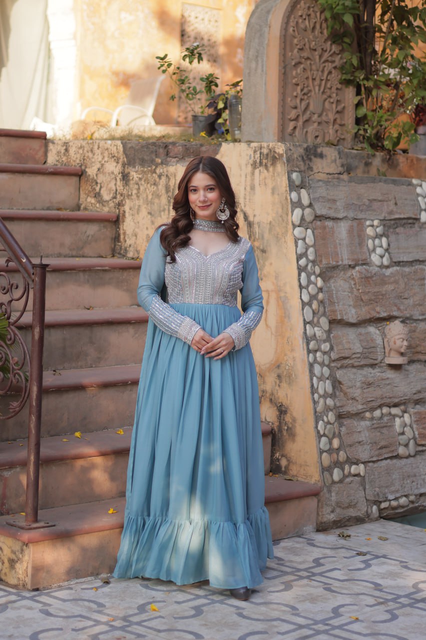 Exquisite Georgette Embroidered Beads Sequins Worked Gown With Dupatta - Ethnicwish