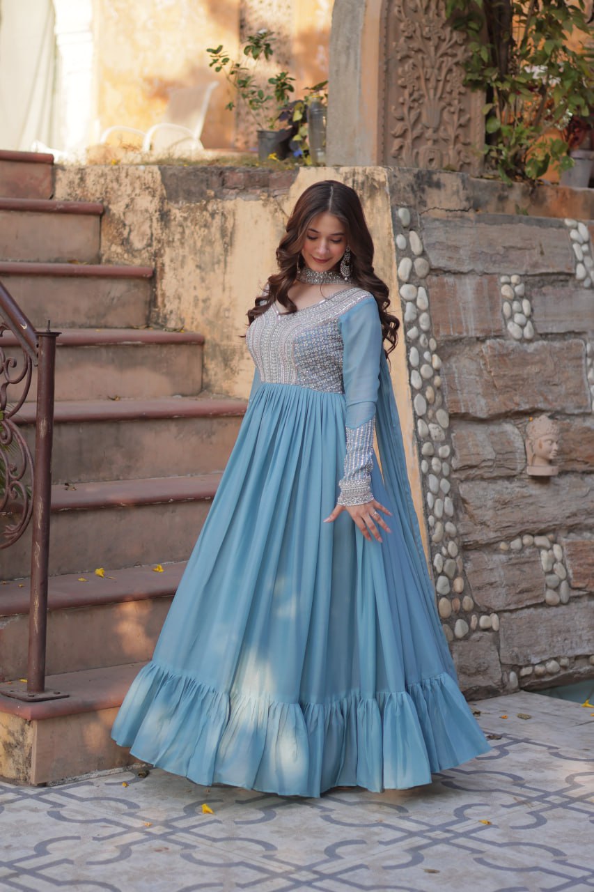 Exquisite Georgette Embroidered Beads Sequins Worked Gown With Dupatta - Ethnicwish