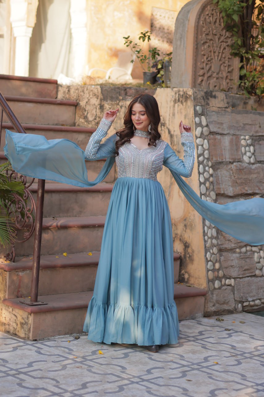 Exquisite Georgette Embroidered Beads Sequins Worked Gown With Dupatta - Ethnicwish