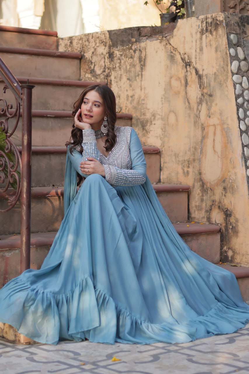 Exquisite Georgette Embroidered Beads Sequins Worked Gown With Dupatta - Ethnicwish
