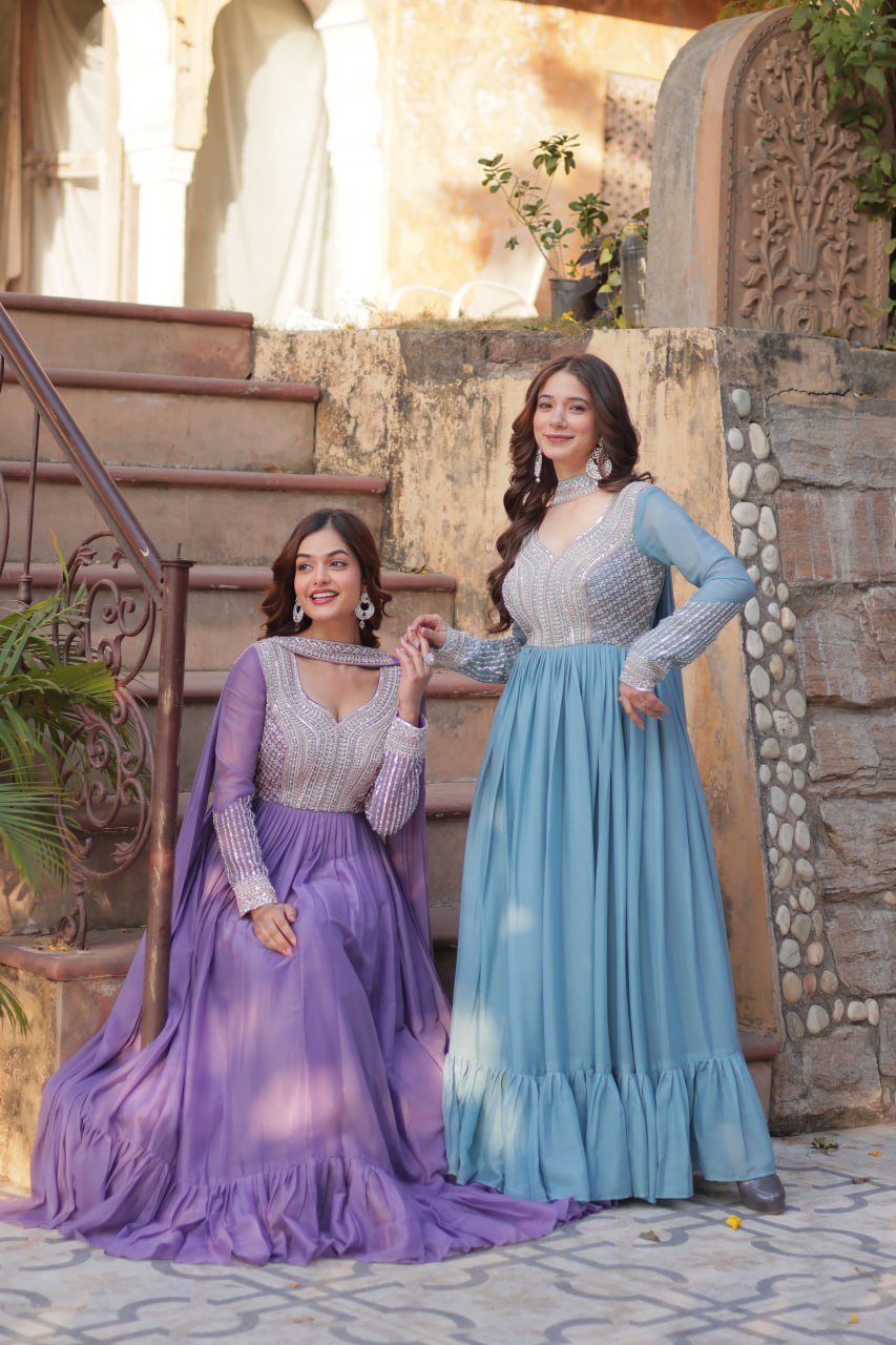 Exquisite Georgette Embroidered Beads Sequins Worked Gown With Dupatta - Ethnicwish