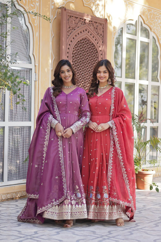Viscose Cosmos Embroidered Gown Set With Dupatta