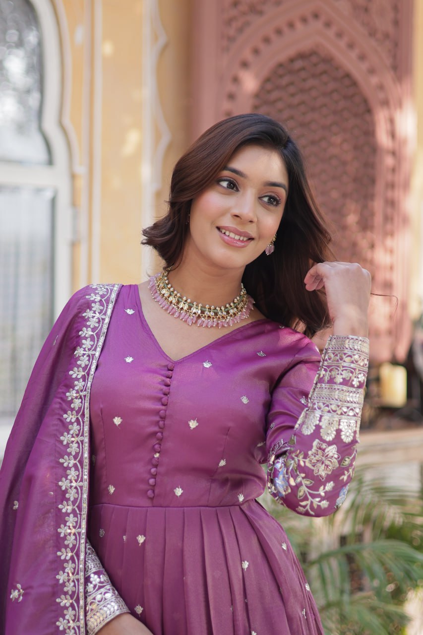 Viscose Cosmos Embroidered Gown Set With Dupatta
