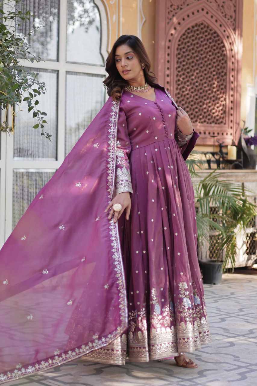 Viscose Cosmos Embroidered Gown Set With Dupatta