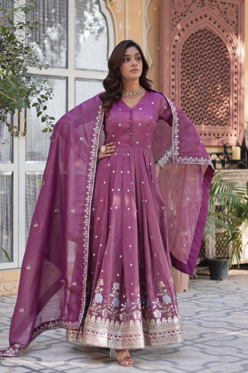 Viscose Cosmos Embroidered Gown Set With Dupatta