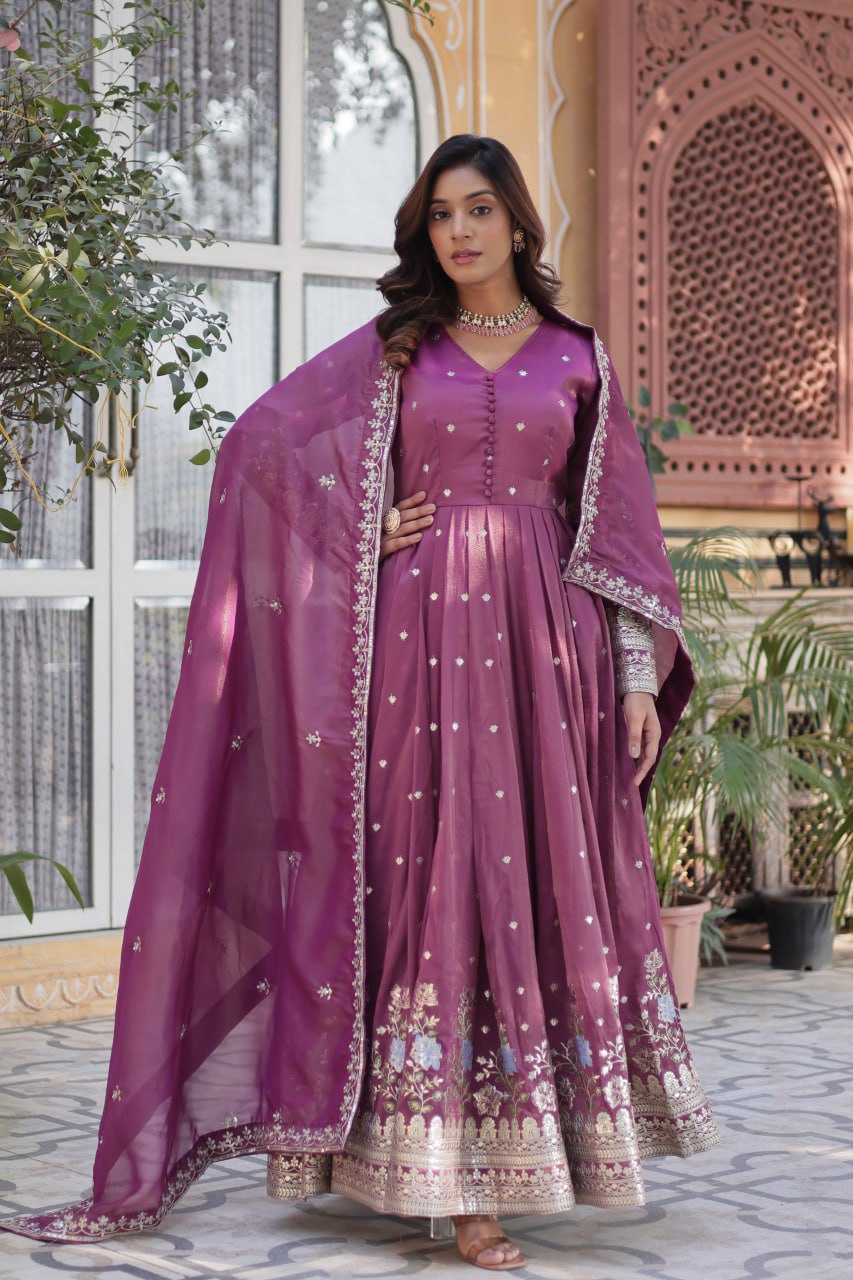 Viscose Cosmos Embroidered Gown Set With Dupatta