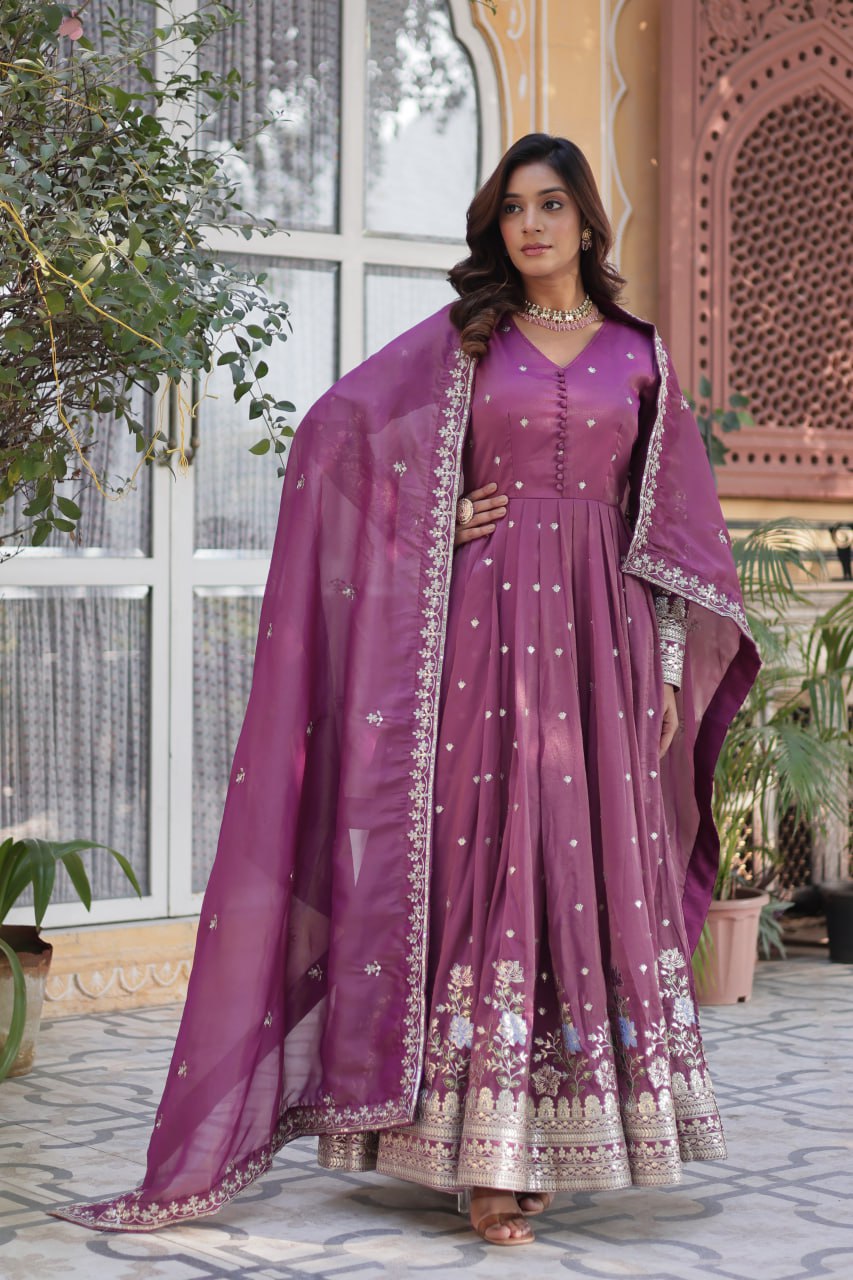 Viscose Cosmos Embroidered Gown Set With Dupatta