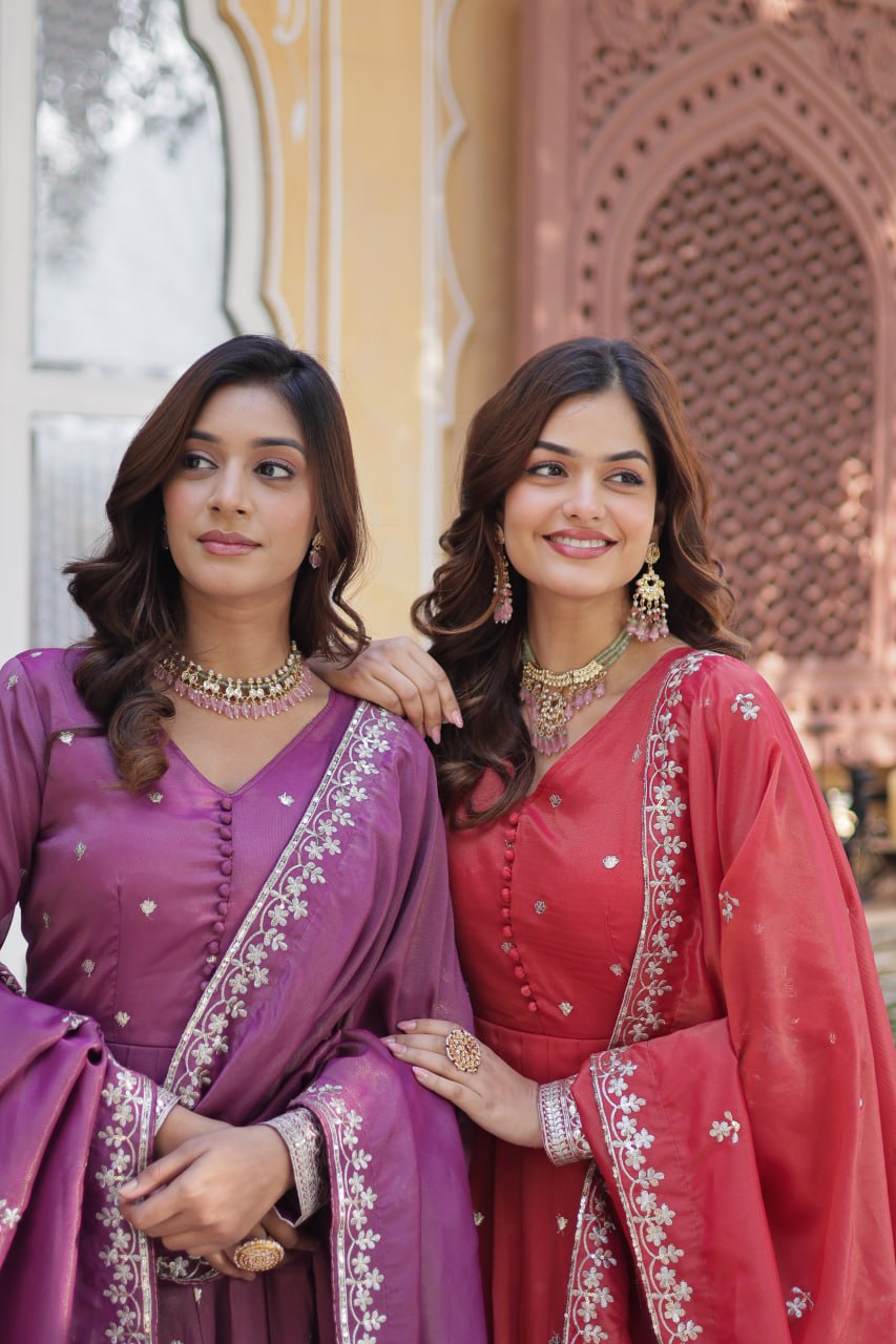 Viscose Cosmos Embroidered Gown Set With Dupatta