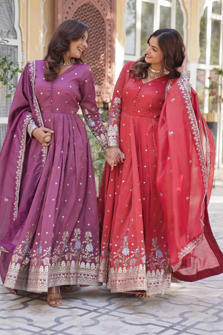 Viscose Cosmos Embroidered Gown Set With Dupatta