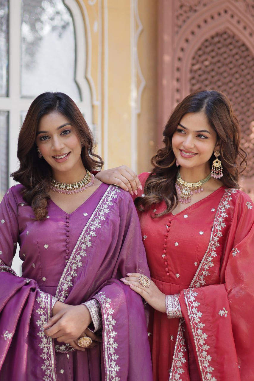 Viscose Cosmos Embroidered Gown Set With Dupatta