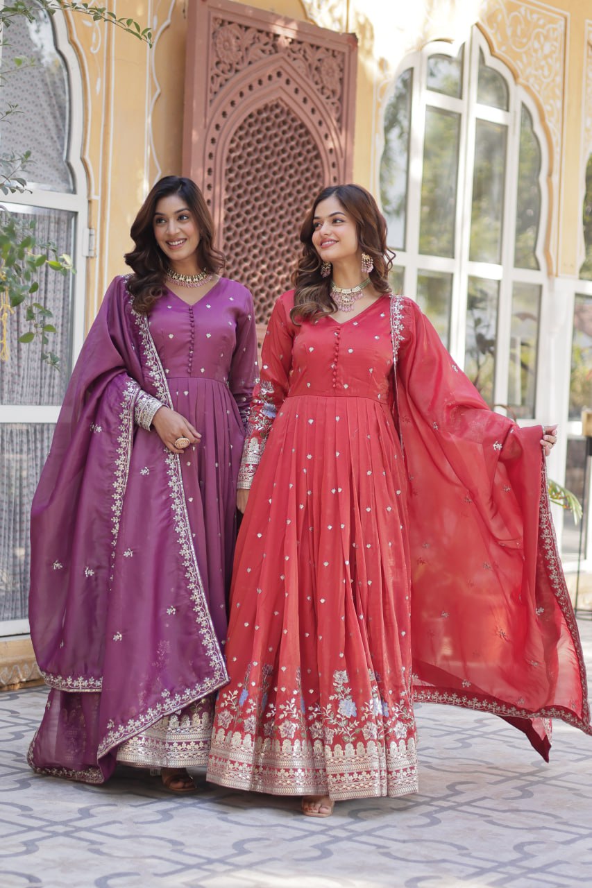 Viscose Cosmos Embroidered Gown Set With Dupatta