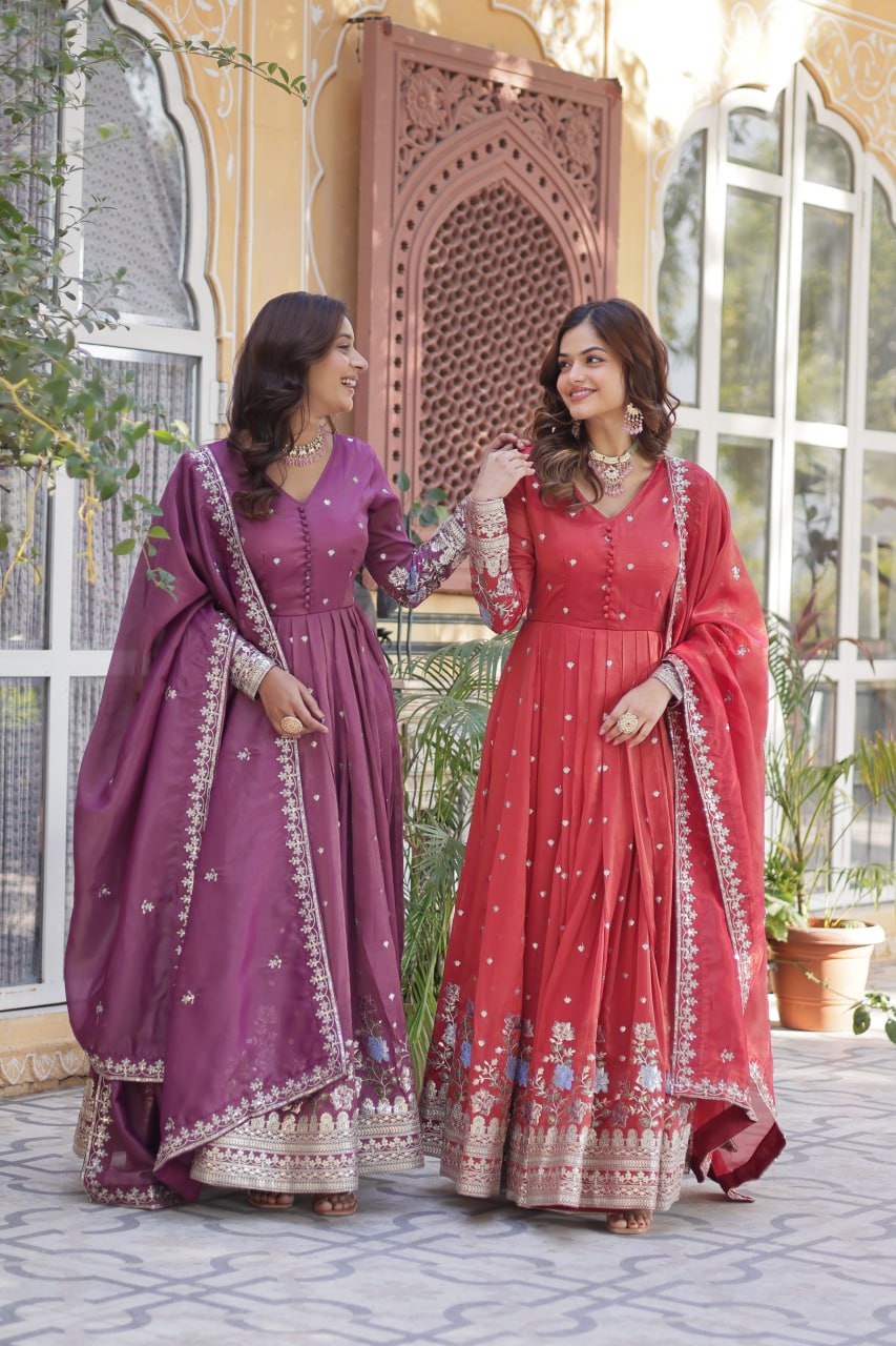 Viscose Cosmos Embroidered Gown Set With Dupatta