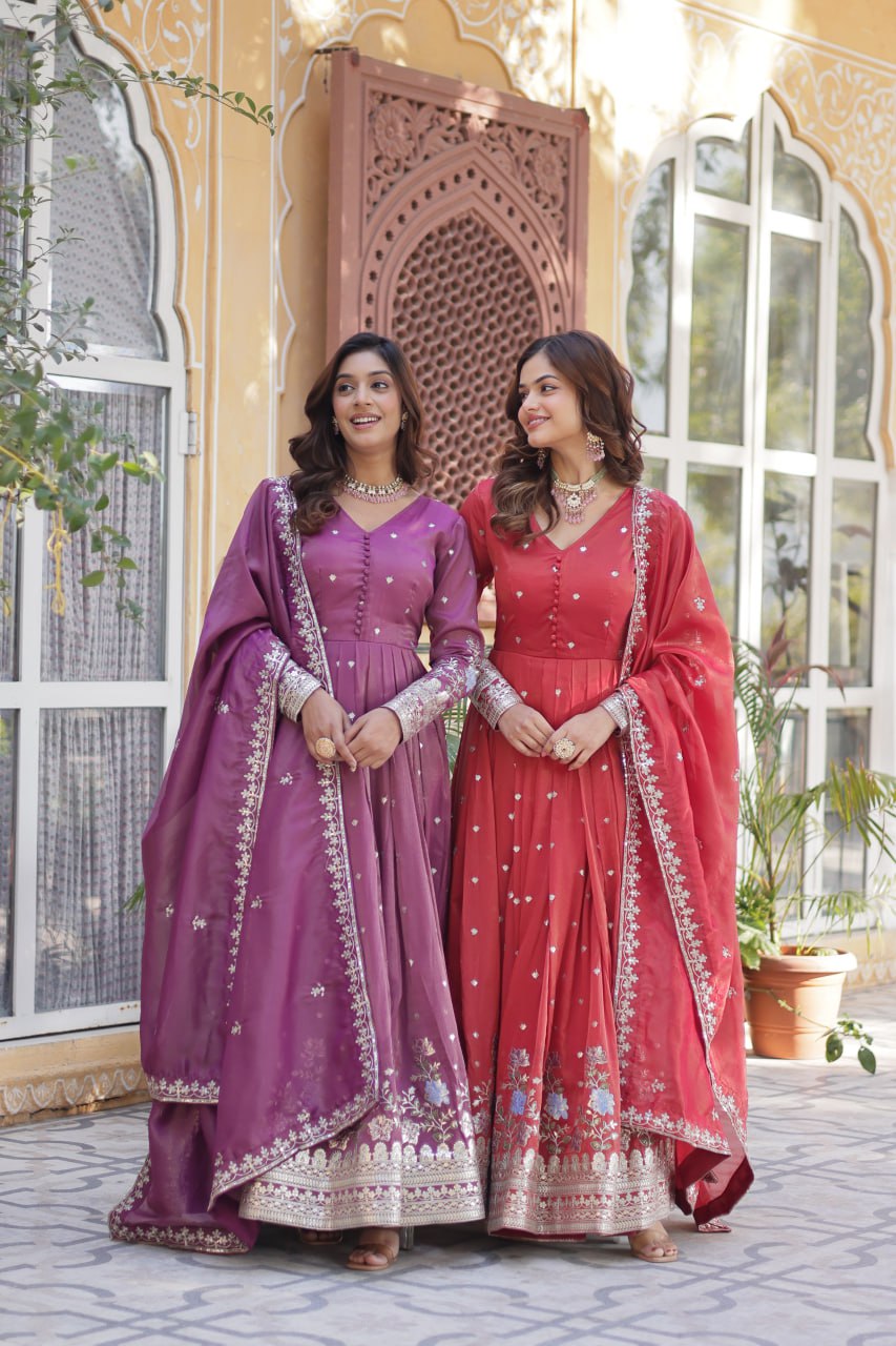 Viscose Cosmos Embroidered Gown Set With Dupatta