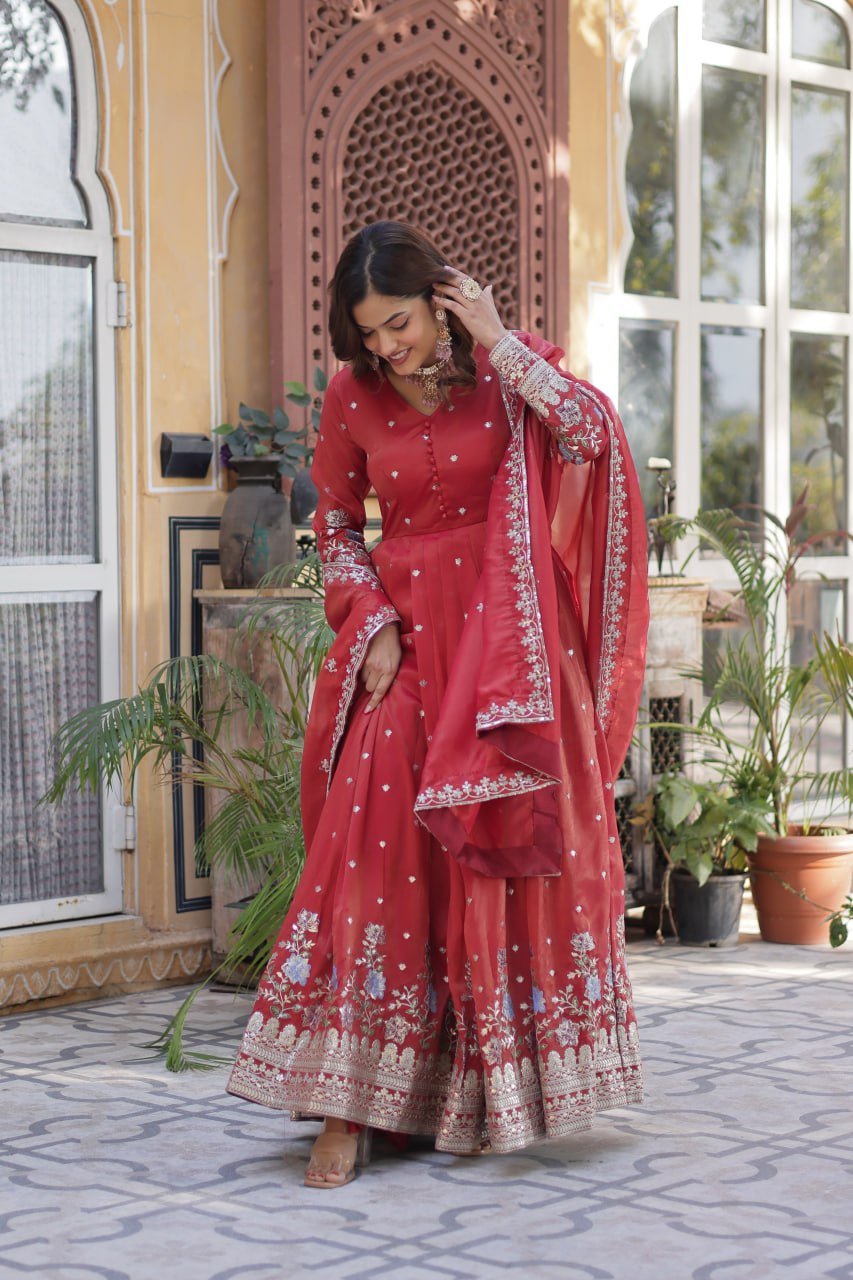 Viscose Cosmos Embroidered Gown Set With Dupatta